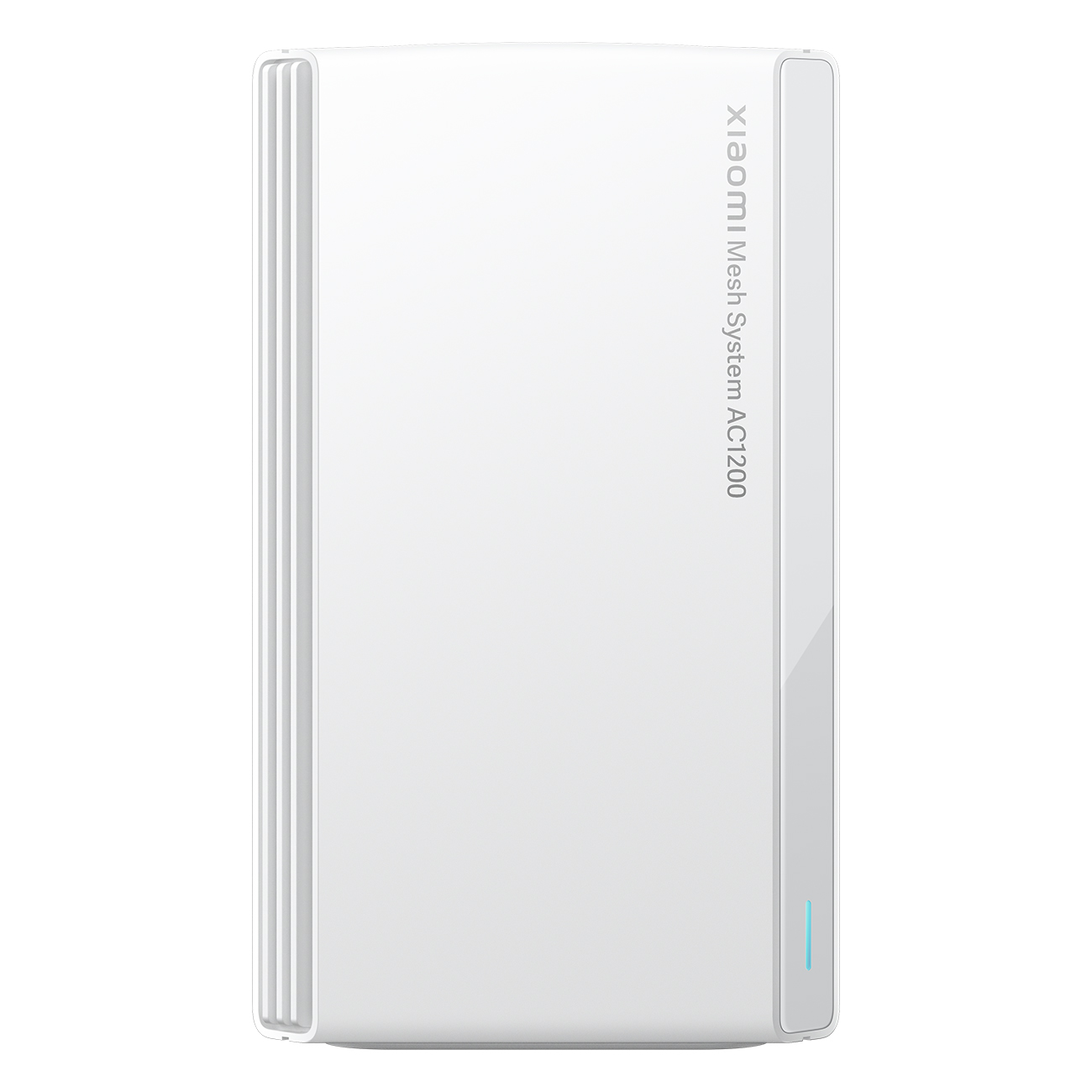 Biały router Xiaomi Mesh System AC1200. Ma pionową konstrukcję z błyszczącym wykończeniem i jasno niebieskim wskaźnikiem.