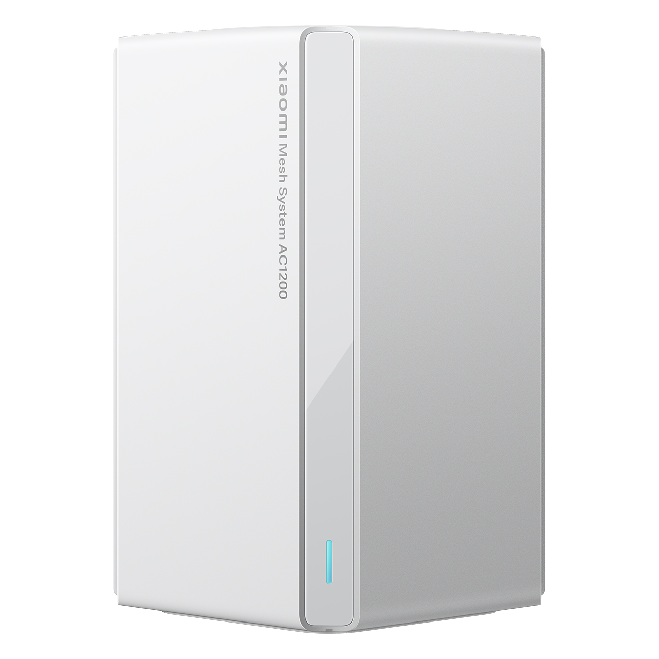 Biały router Xiaomi Mesh System AC1200. Ma pionową konstrukcję z błyszczącym białym przodem i szarym bokiem. Świeci się niebieskie światło.