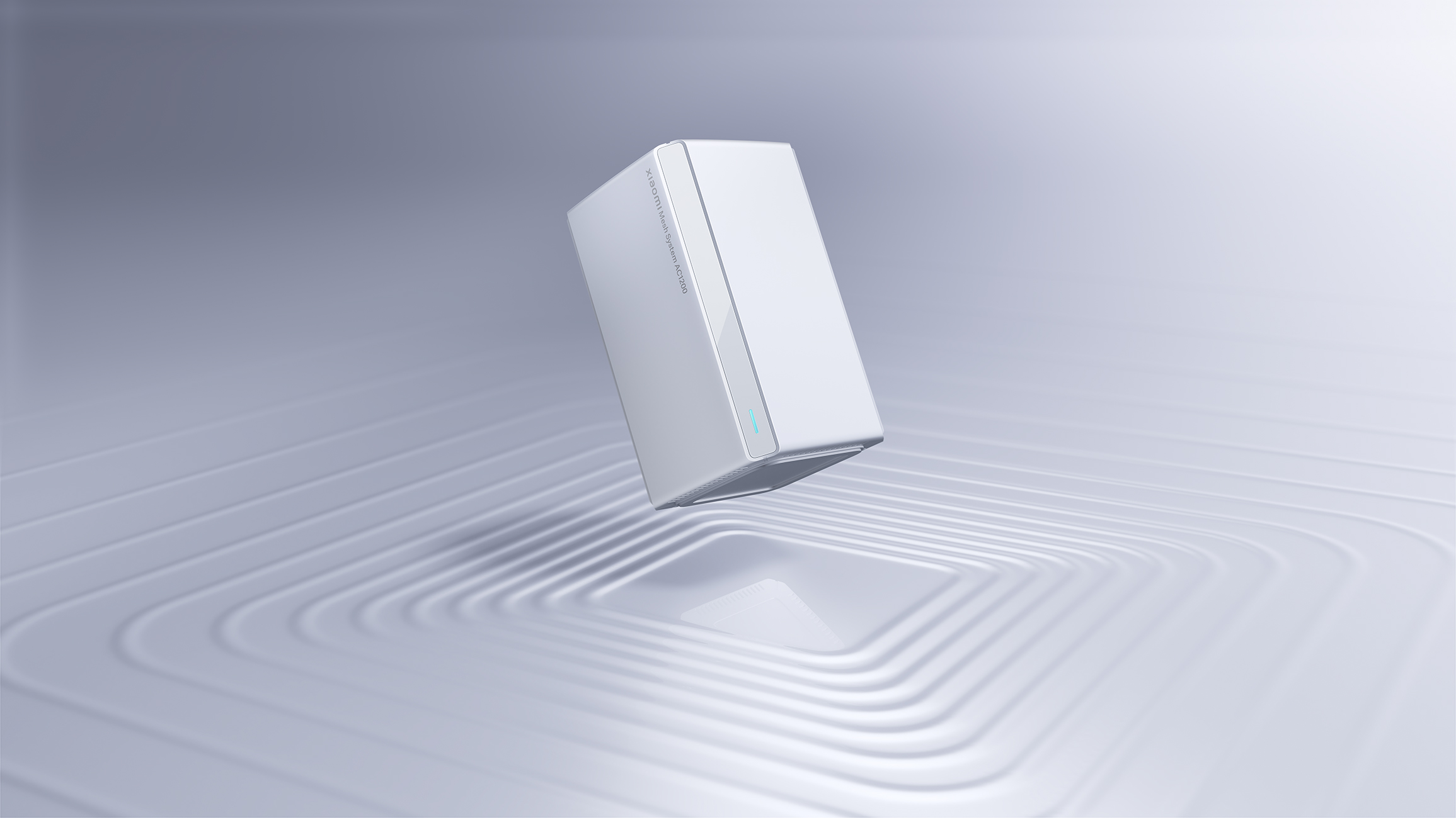 Biały router unosi się nad teksturowaną powierzchnią. Niebieskie światło i tekst "Xiaomi Mesh System AC1200".