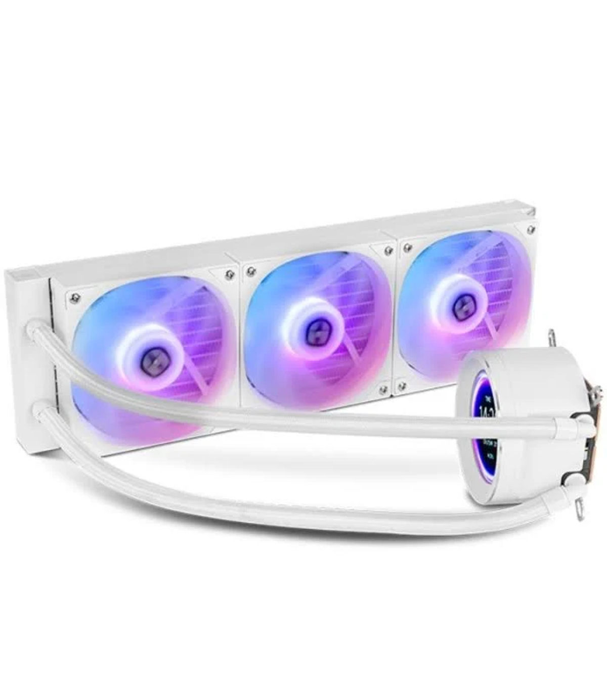 Biały system chłodzenia komputera z trzema wentylatorami ze światłem niebieskim i fioletowym oraz okrągłym elementem.