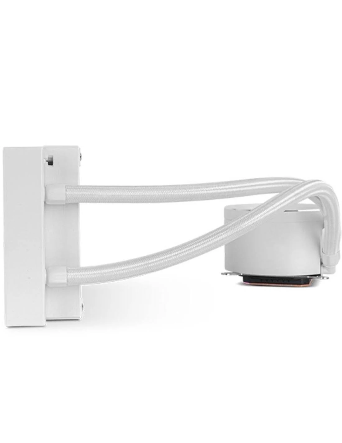 Biała chłodnica cieczy ze srebrnymi wężami. Chłodnica jest na białym tle.