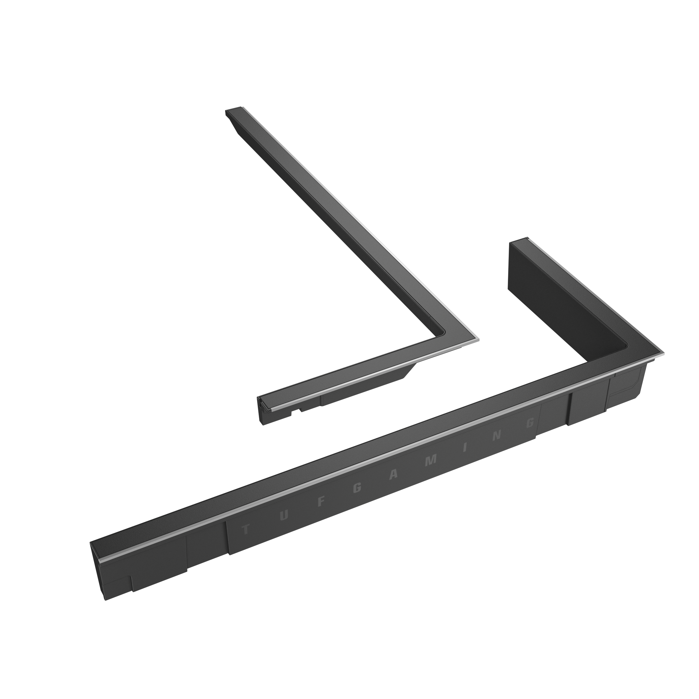 Dos componentes metálicos negros. Uno en forma de L, el otro rectangular con letras TUF GAMING.