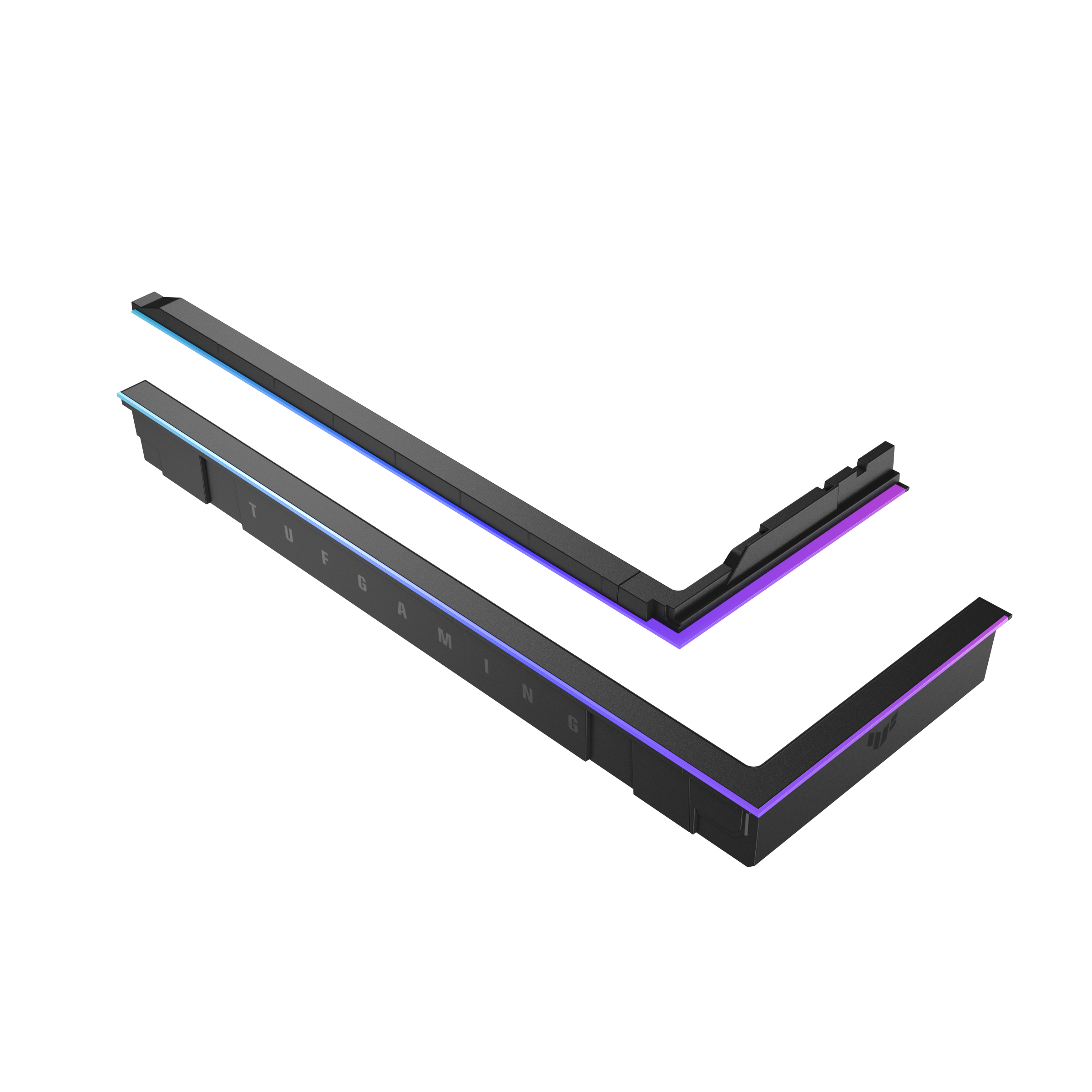 Dos componentes de computadora negros con luces LED de colores. Uno está en ángulo, el otro recto. Texto: TUF GAMING.