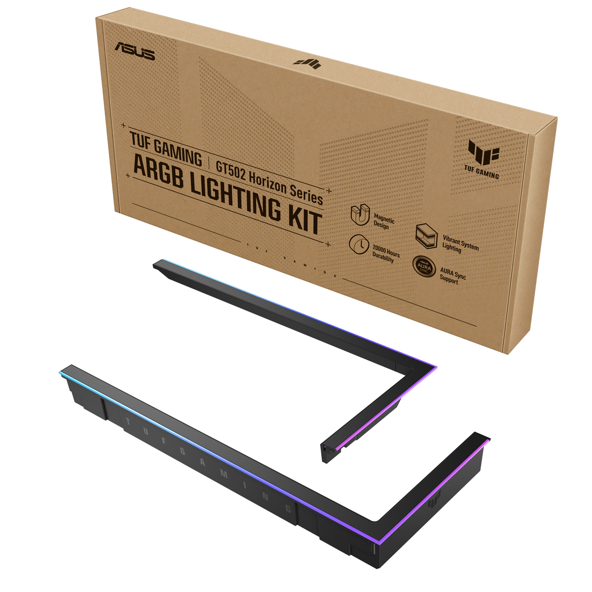 Una caja con el nombre del producto TUF GAMING ARGB LIGHTING KIT, con dos luces negras en forma de L con bordes coloridos. Se ve el logo de ASUS.