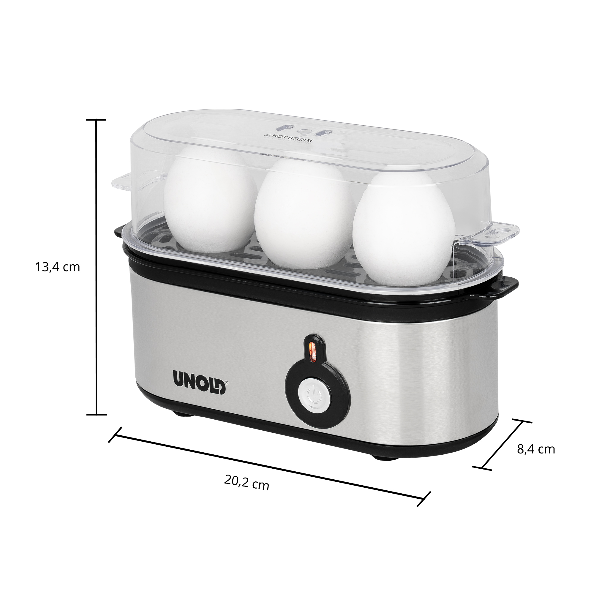 Gotowacz do jajek z 3 białymi jajkami. Wykonany jest ze srebrnego metalu i ma przezroczystą pokrywę. Pokazano wymiary.