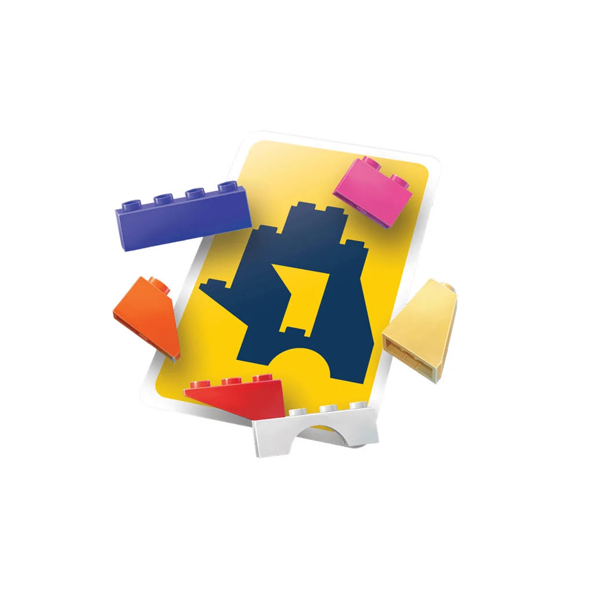 Eine gelbe Karte mit einer blauen Gebäudeillustration, umgeben von bunten Spielzeugblöcken: blau, rosa, orange, rot, weiß und gold.
