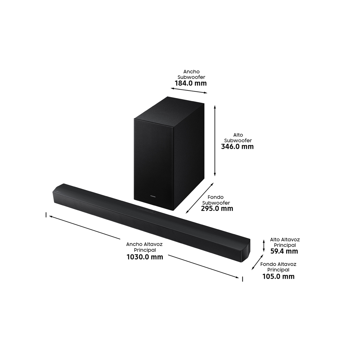 Ein schwarzes Soundbar- und Subwoofer-Set. Die Abmessungen sind auf dem Bild beschriftet, einschließlich der Größen des Hauptlautsprechers und des Subwoofers in mm.