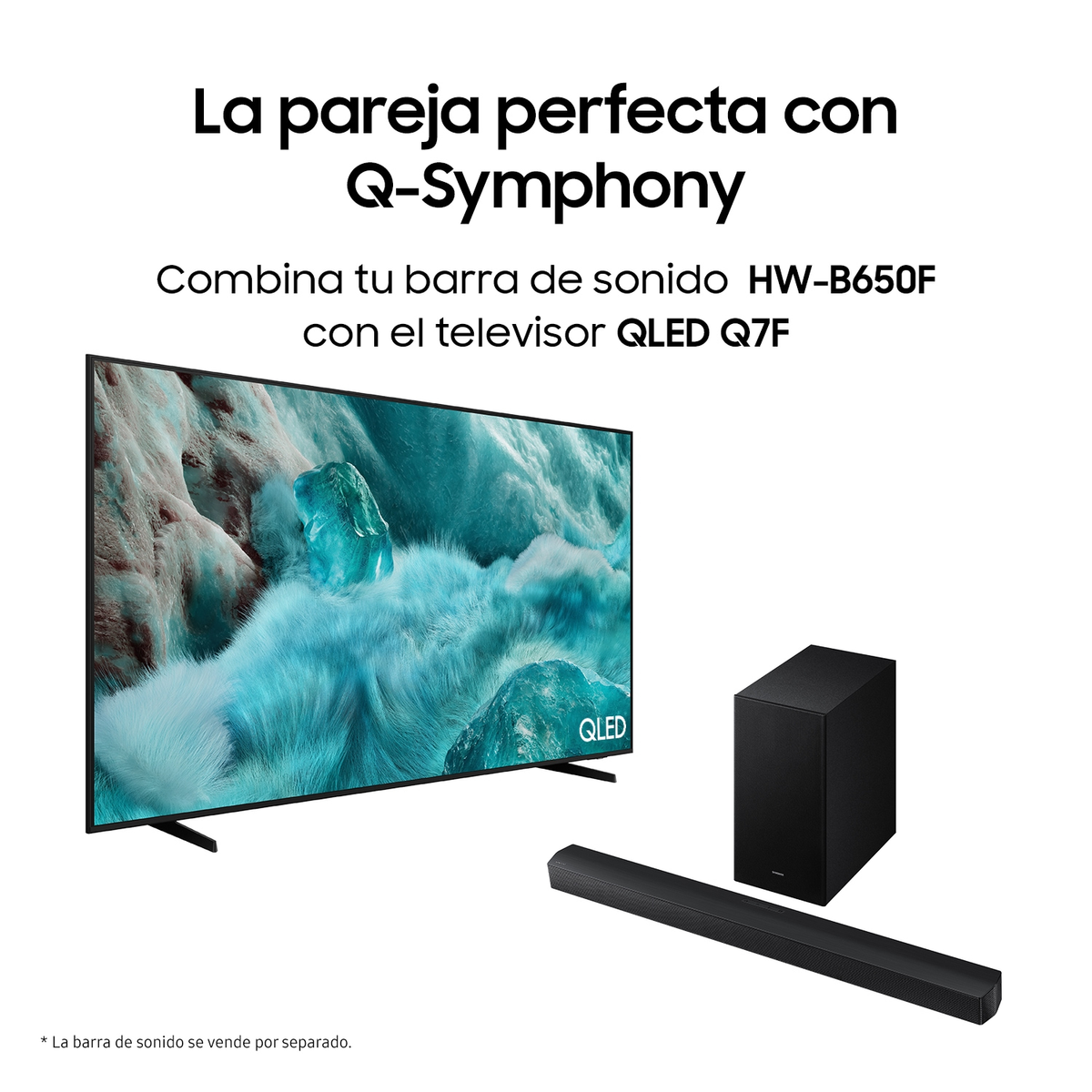 Das Bild zeigt einen Fernseher, eine Soundbar und einen Subwoofer. Der Text lautet 'perfektes Paar mit Q-Symphony'. Kombinieren Sie die Soundbar HW-B650F mit dem QLED Q7F TV.