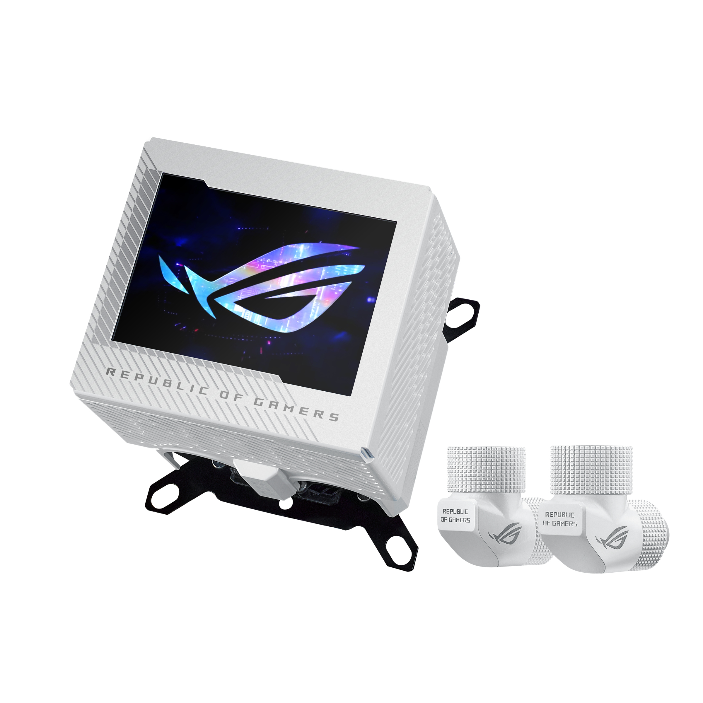 Dissipatore ROG bianco con schermo, due raccordi e staffa nera. Lo schermo mostra il logo ROG. Testo "Republic of Gamers" visibile.