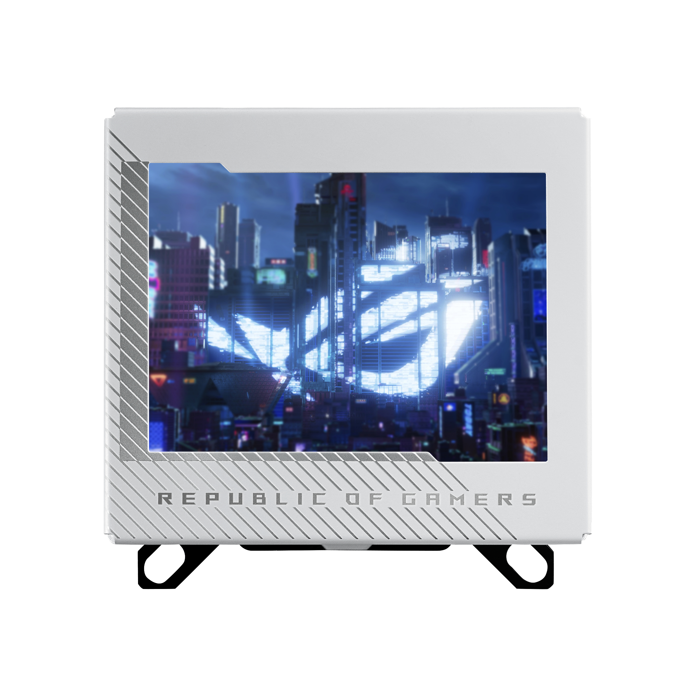 Case bianco per computer con una scena cittadina sullo schermo e la scritta "REPUBLIC OF GAMERS" sotto.