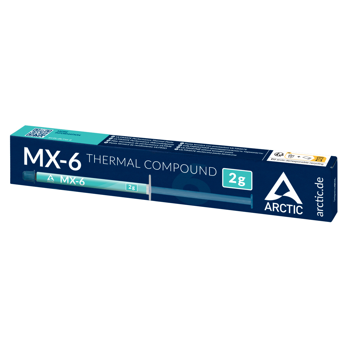 Scatola di pasta termica MX-6. Ha una siringa con 2 g di pasta e il logo Arctic. La scatola è blu scuro e bianca.
