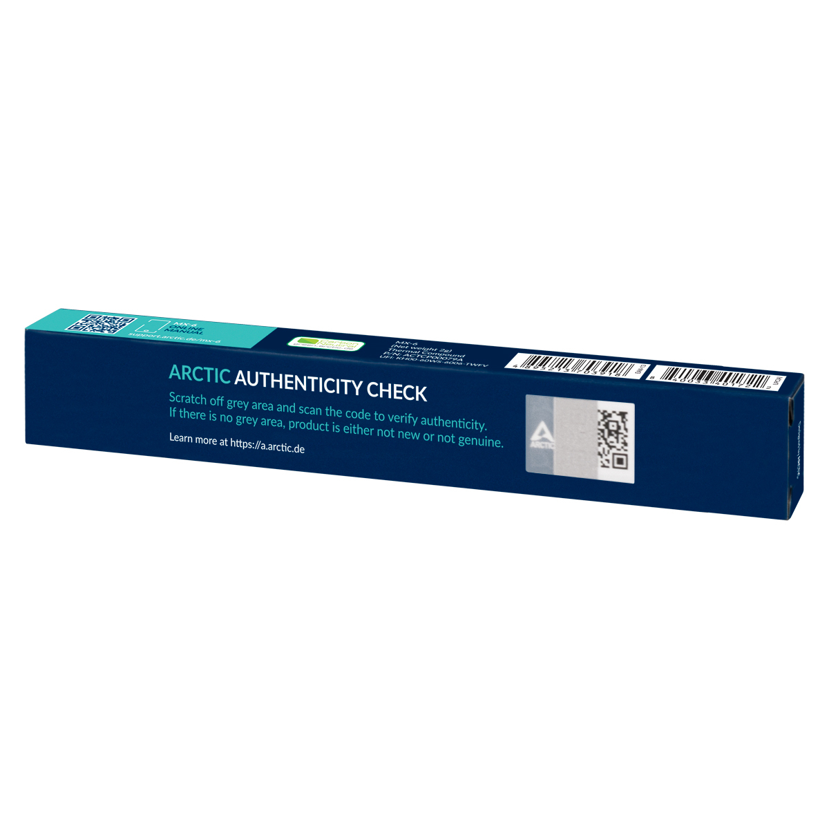 Una scatola blu scuro con la scritta 'ARCTIC AUTHENTICITY CHECK'. Ha un codice QR e un adesivo argentato.