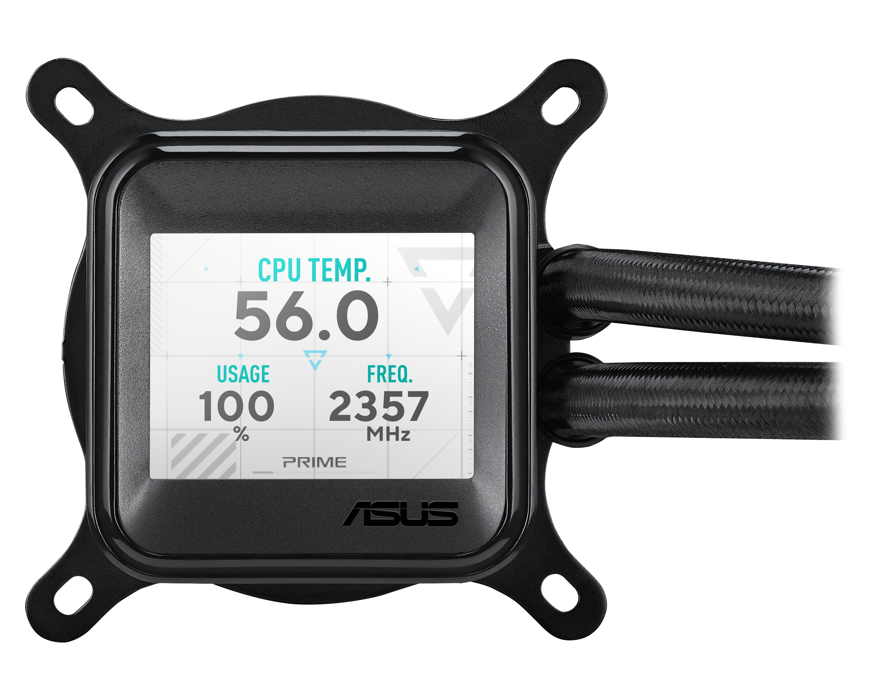 Czarny cooler CPU z ekranem wyświetlającym temperaturę, użycie i częstotliwość CPU, z logo ASUS. Ma rury z boku.