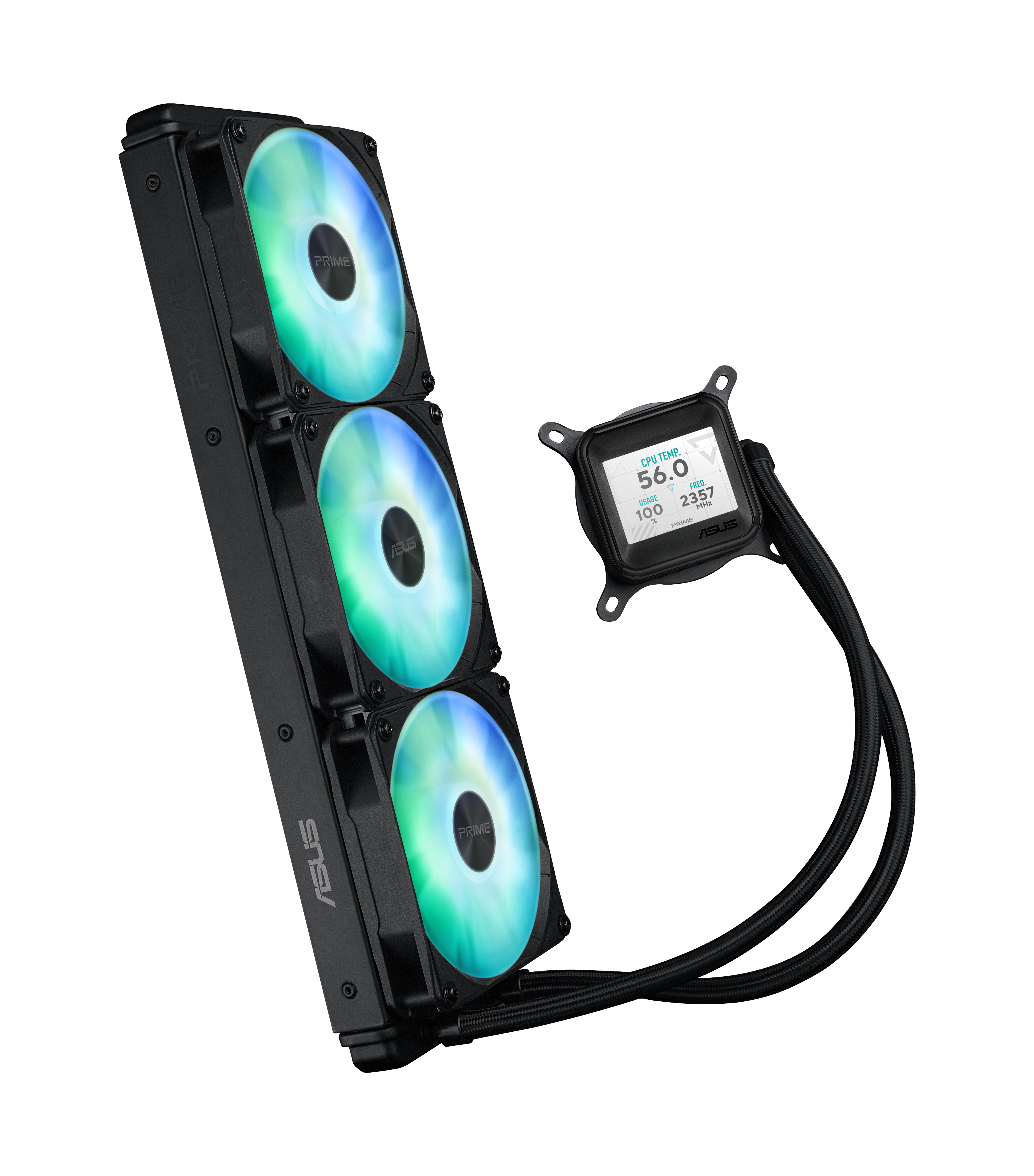 Czarny cooler do PC z trzema wentylatorami wyświetlającymi kolorowe światła. Ma ekran z temperaturą i częstotliwością procesora.