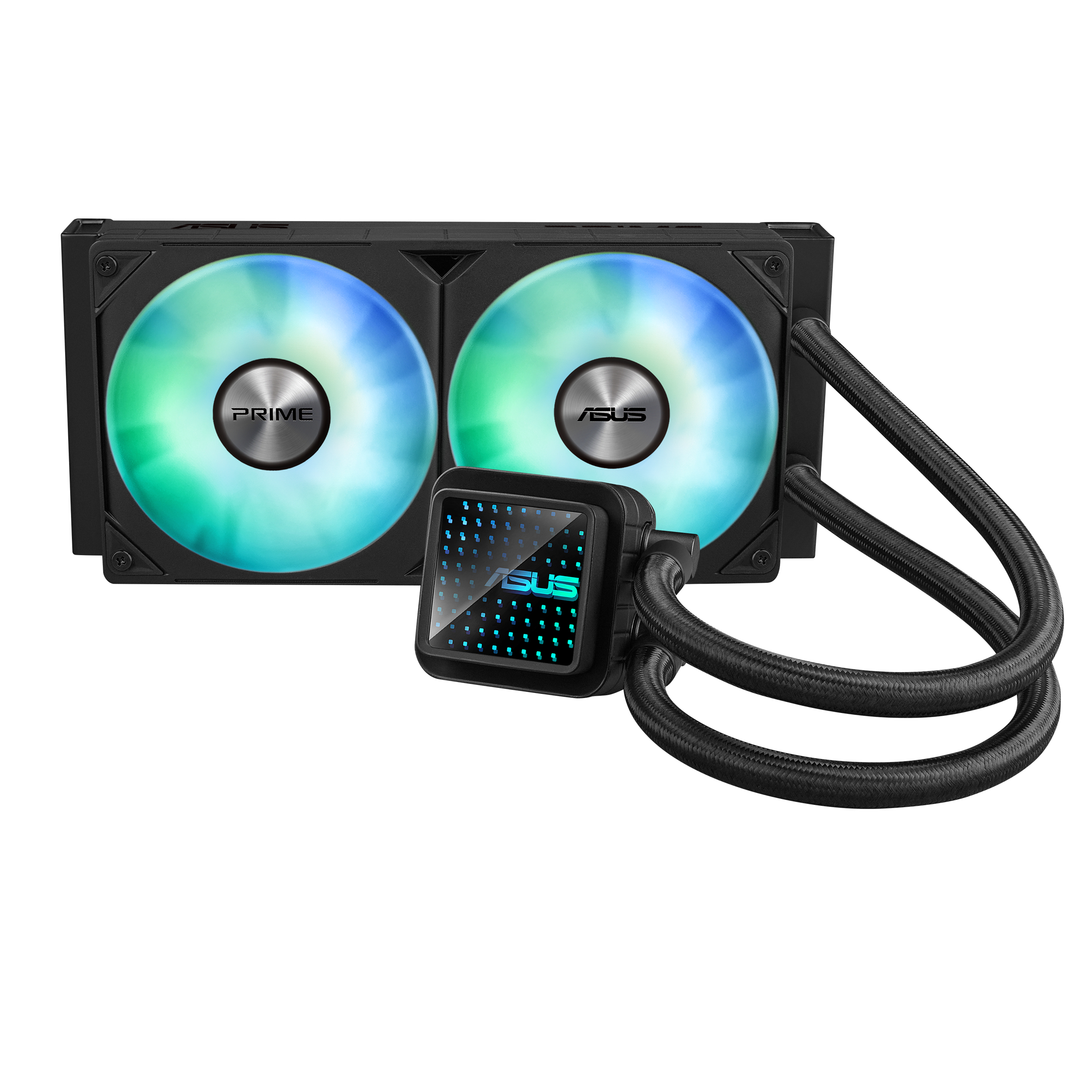 Dissipatore a liquido per PC. Cornice nera con due ventole, ciascuna con i loghi 'PRIME' e 'ASUS'. Tubi e un piccolo display.