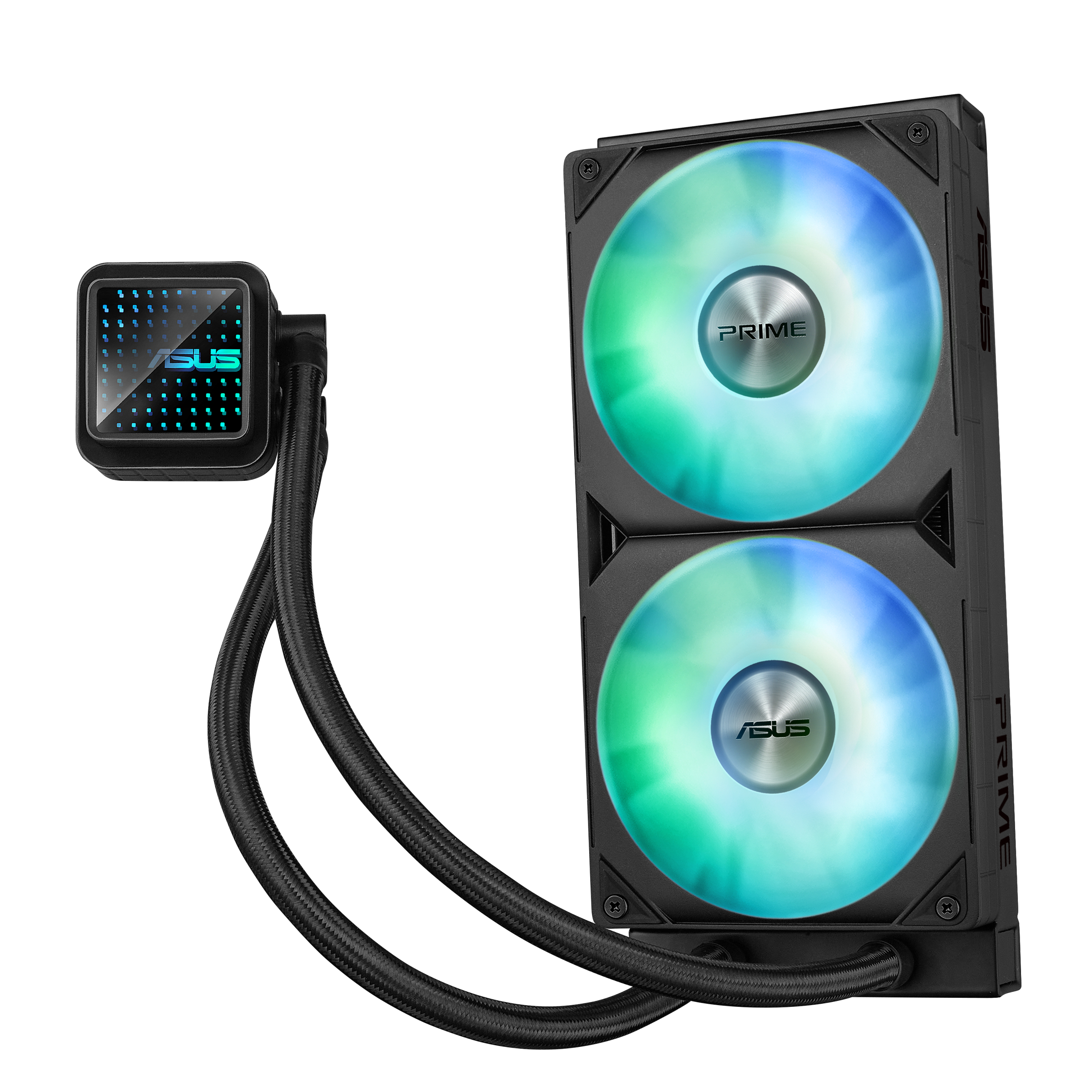 Un dissipatore a liquido Asus Prime. Ha due ventole con luci RGB, una pompa e tubi di collegamento.