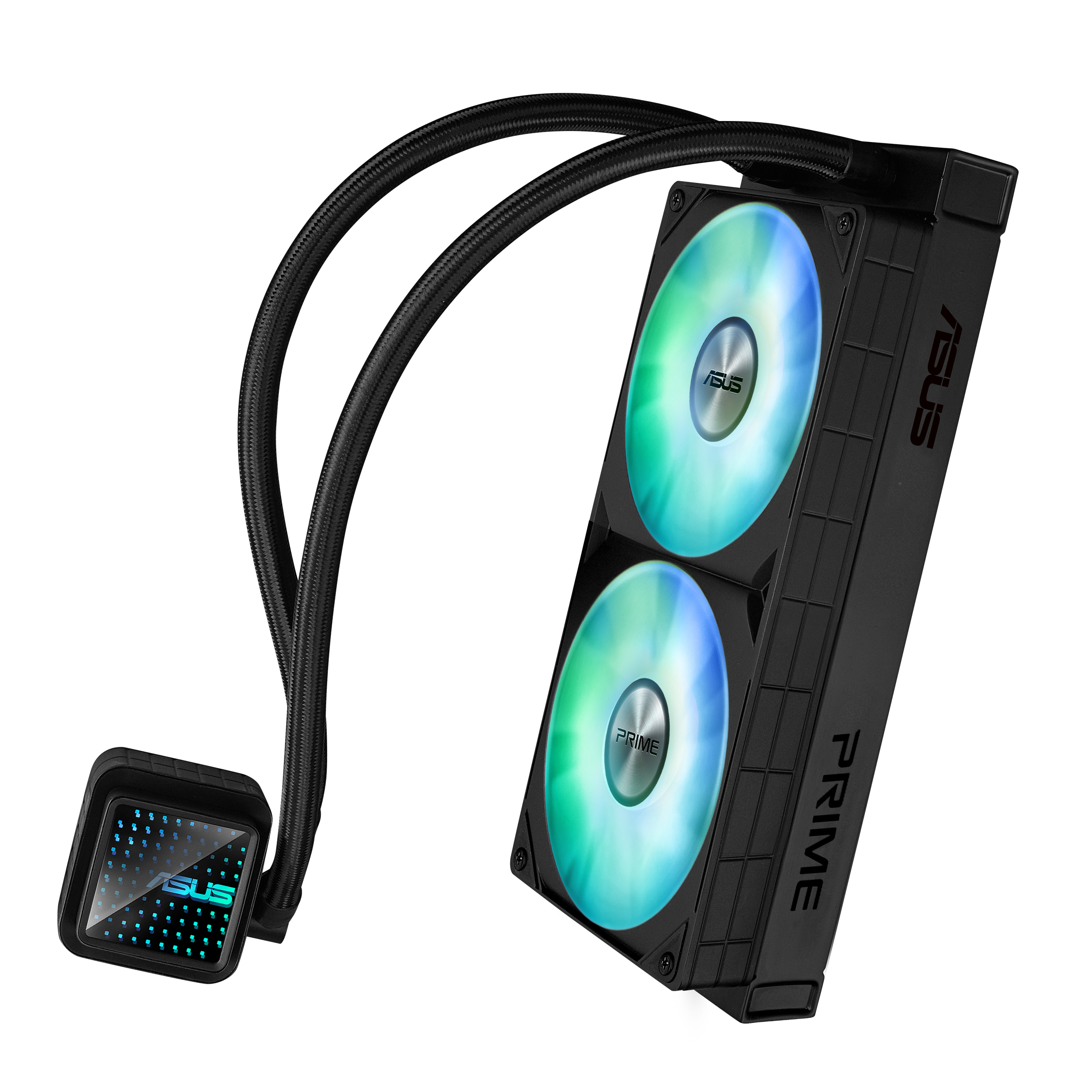 Un dissipatore a liquido per computer nero con due ventole, tubi e un piccolo blocco quadrato con il logo ASUS.