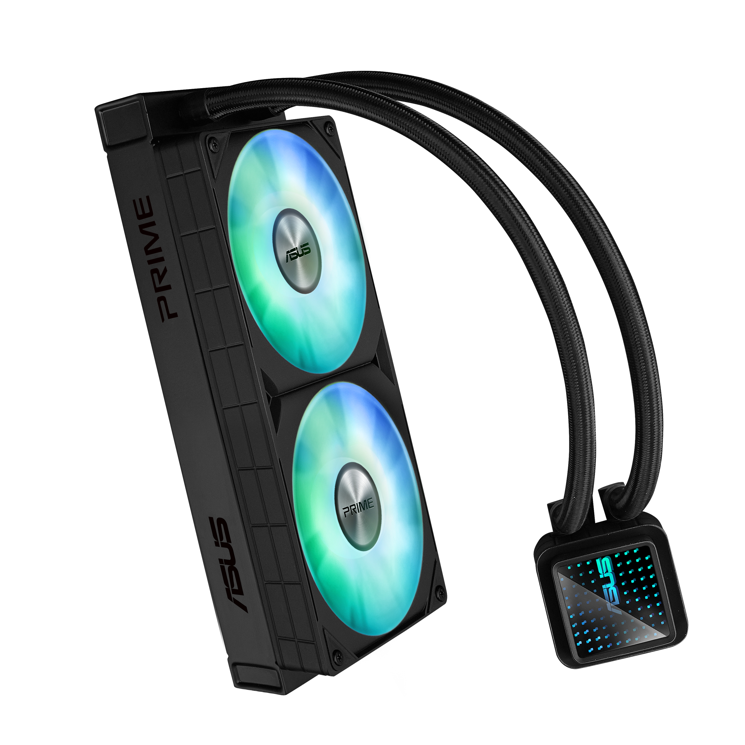 Dissipatore a liquido nero con due ventole. Le ventole hanno luci colorate. Tubi collegati a un blocco.