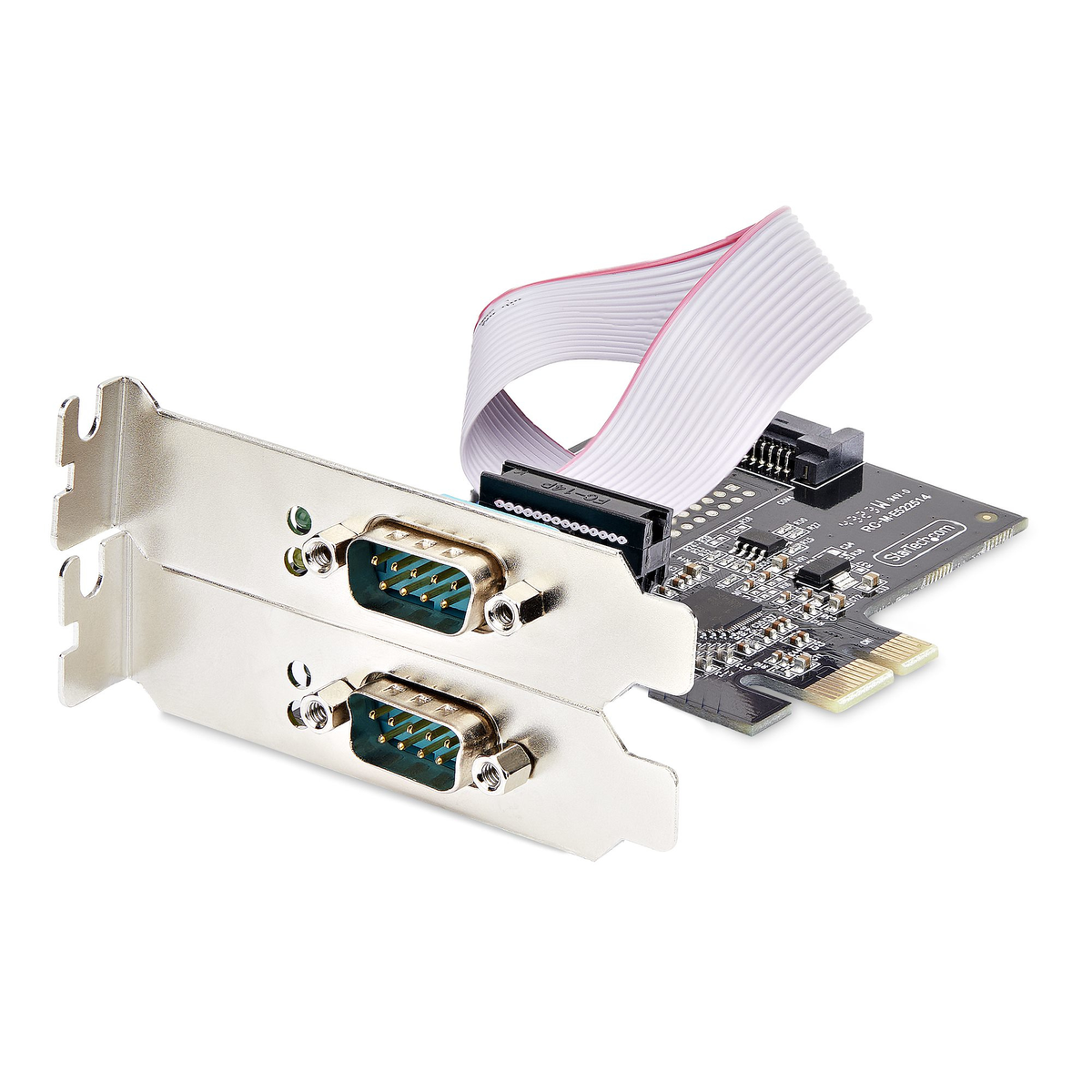 Dos tarjetas de computadora plateadas con conectores DB9, un cable plano y una placa de circuito negro.