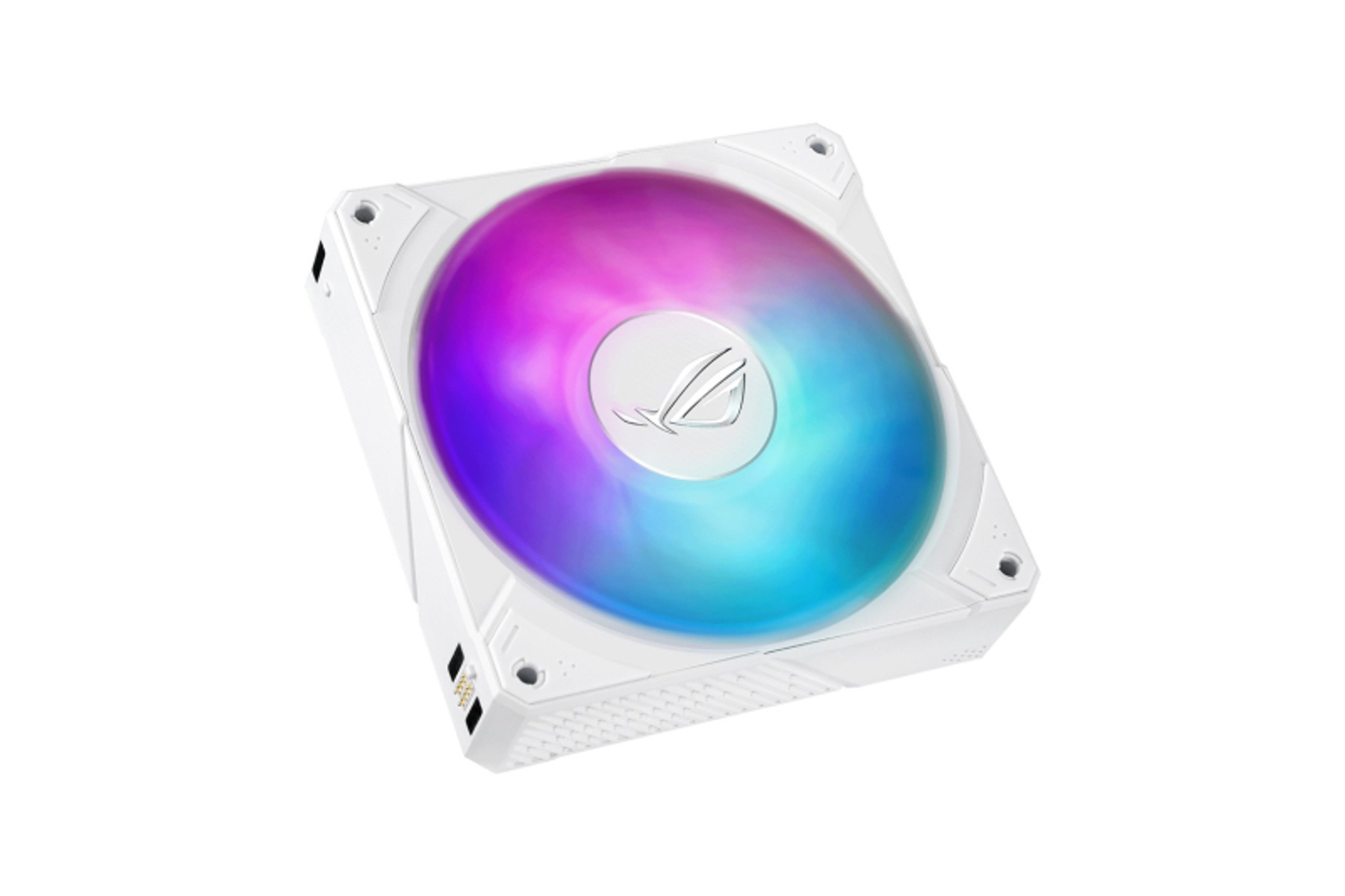 Biały wentylator komputerowy z kolorowym, okrągłym światłem pośrodku. Światło przechodzi między niebieskim, fioletowym i różowym.