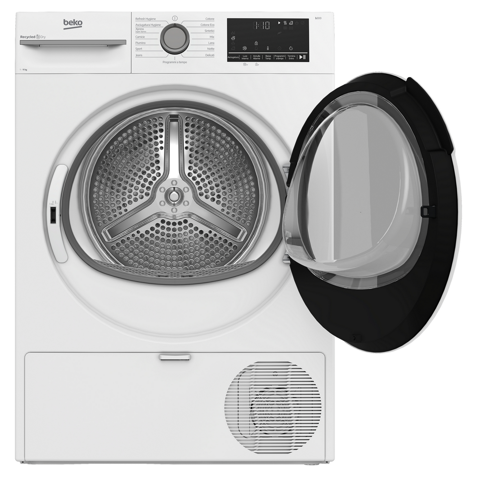 Un'asciugatrice Beko bianca con porta aperta. Sono visibili il pannello di controllo e i programmi.