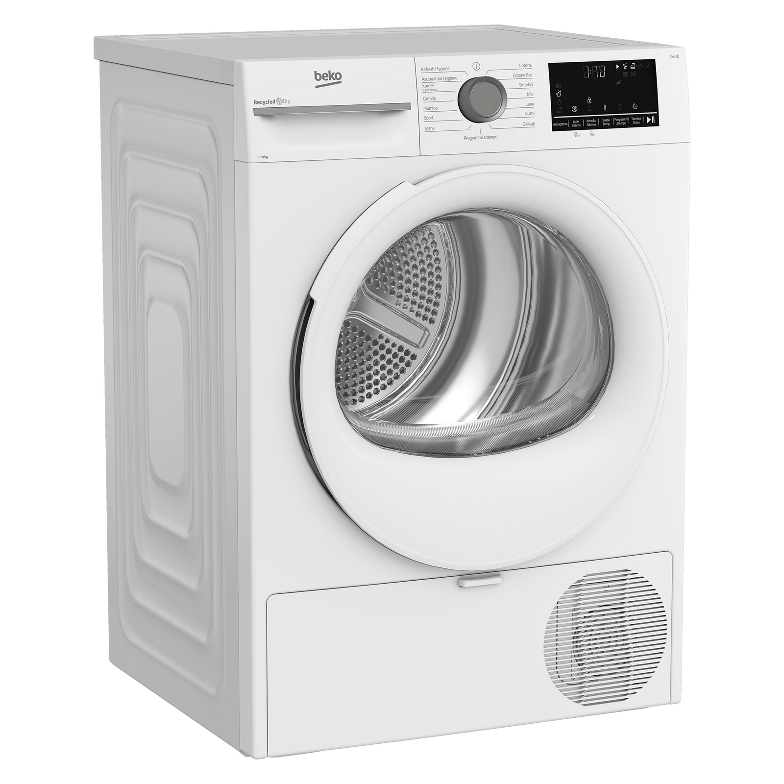 Un'asciugatrice Beko bianca con porta, pannello di controllo e piccolo cassetto. La porta ha una grande apertura in vetro.