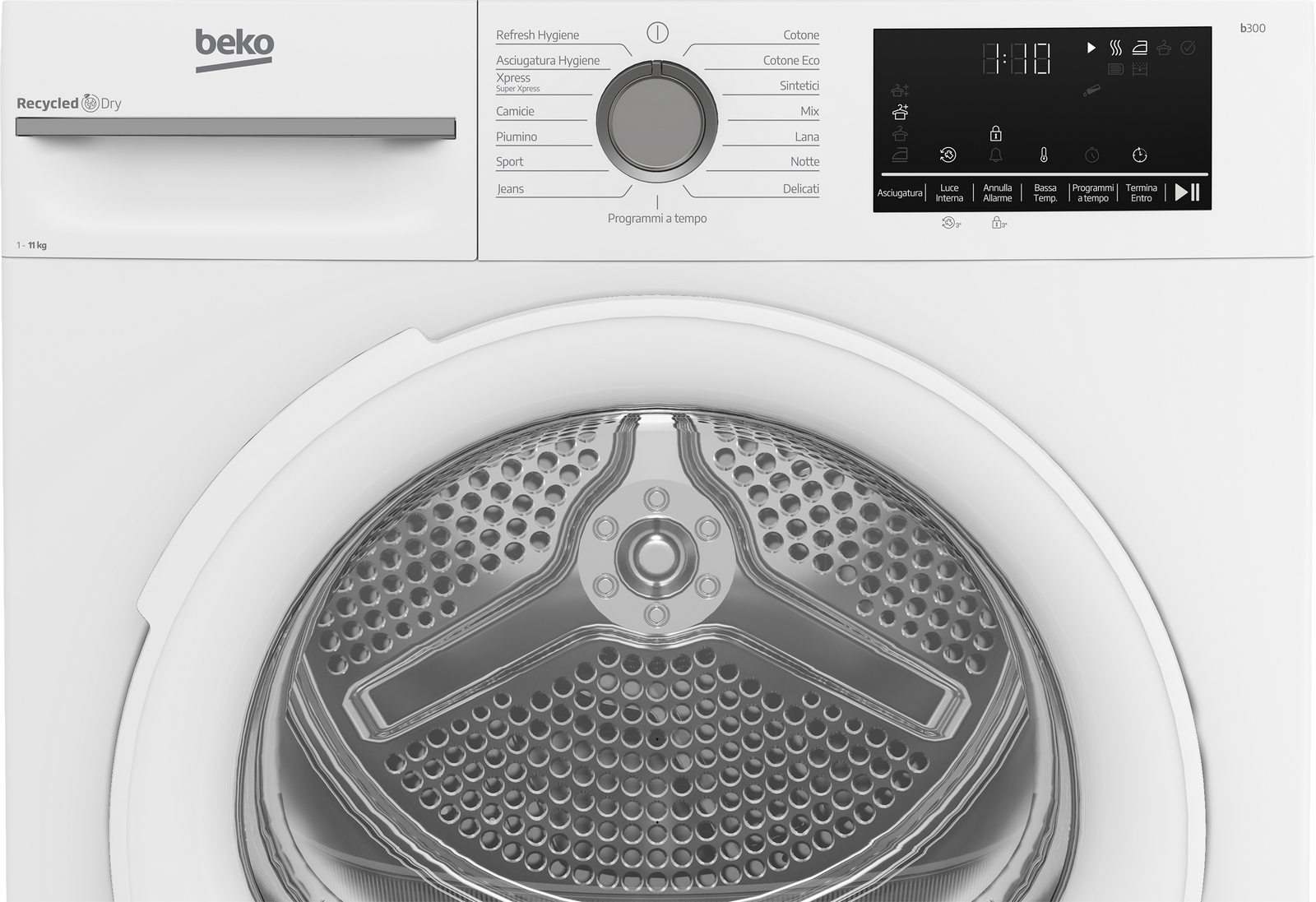 Un'asciugatrice Beko bianca con pannello di controllo, quadrante rotante e display digitale. La porta è visibile con un interno in metallo perforato.