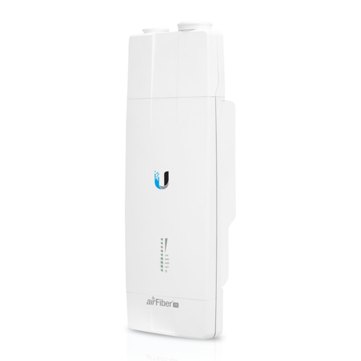 Dispositivo airFiber blanco con logotipo azul. Tiene luces indicadoras y el texto 'airFiber' abajo. Fondo blanco.
