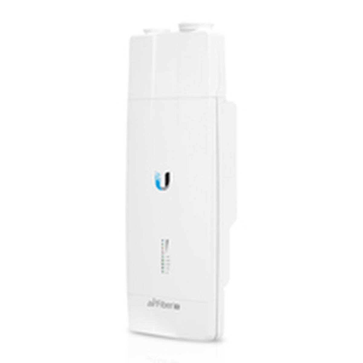 Un dispositivo blanco y rectangular con un logotipo 'U' azul y luces verdes. Tiene una parte superior en forma de caja con dos cilindros y una etiqueta 'airFiber'.