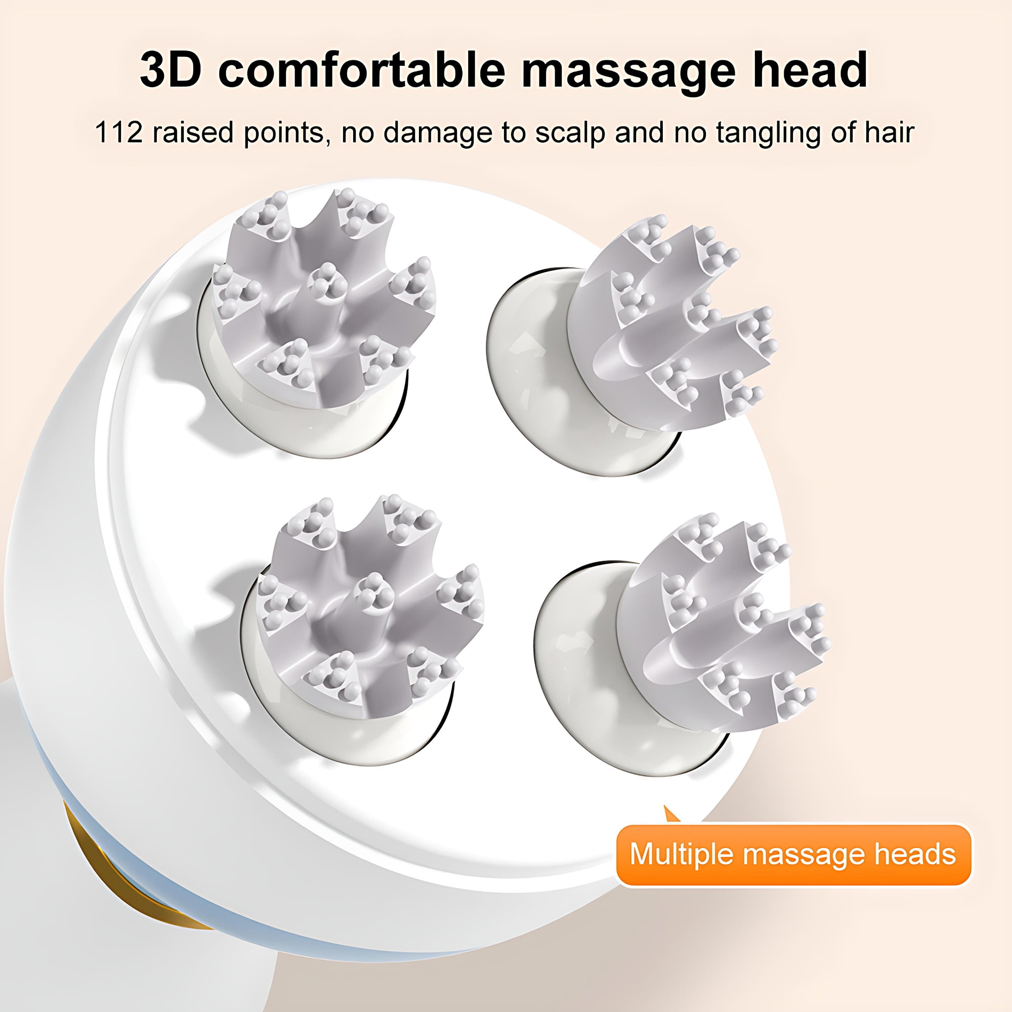 Weißer Massagekopf mit mehreren erhabenen Punkten. Text lautet: '3D komfortabler Massagekopf'.