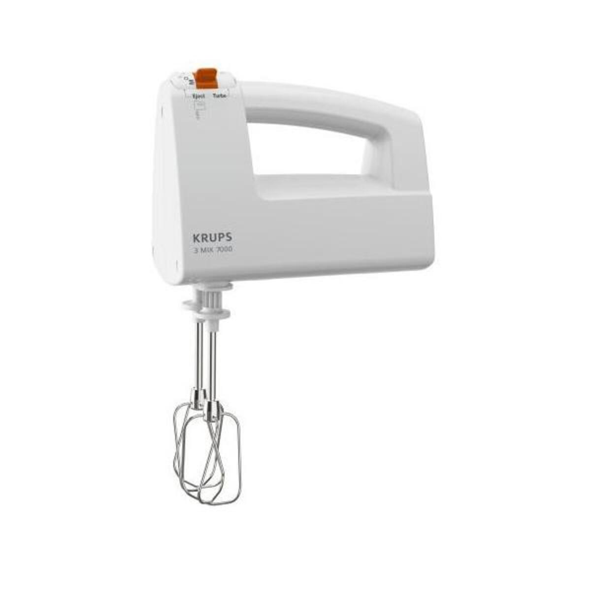Biały mikser ręczny Krups. Ma uchwyt, regulację prędkości i dwa mieszadła. Widoczna jest nazwa marki i modelu.