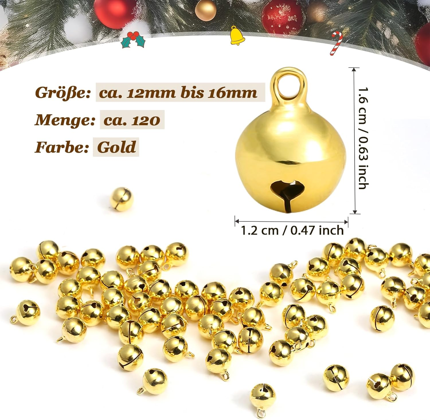 Goldene Glocken auf weißem Untergrund. Text zeigt Größe und Menge 120 an. Eine große Glocke in der Mitte.