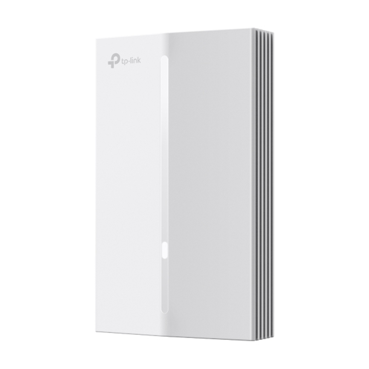 Un dispositivo blanco TP-Link con una tira de luz vertical y un logotipo a la izquierda. El lado derecho tiene líneas negras verticales.