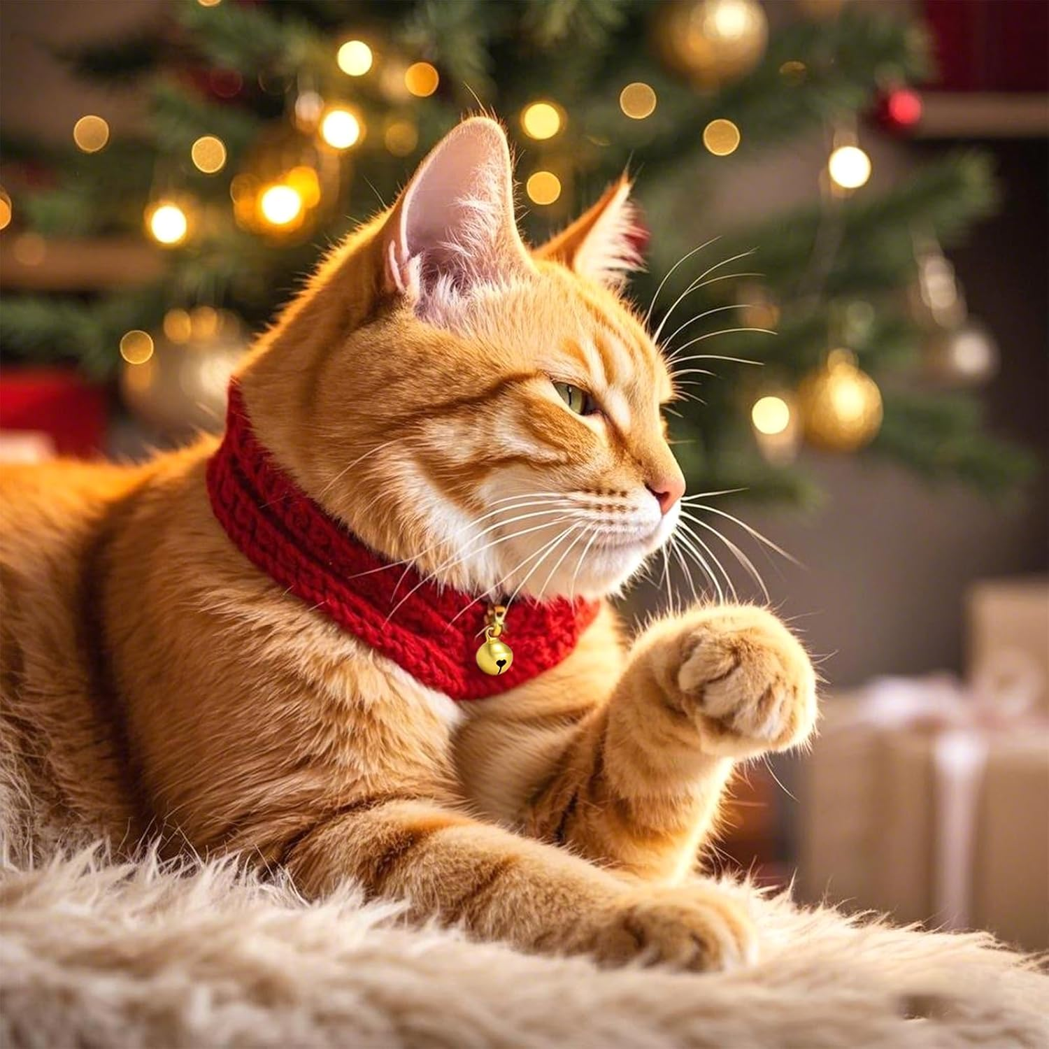 Eine orange Katze mit rotem Kragen und Glocke, ruht auf flauschiger Oberfläche, im Hintergrund ein Weihnachtsbaum.