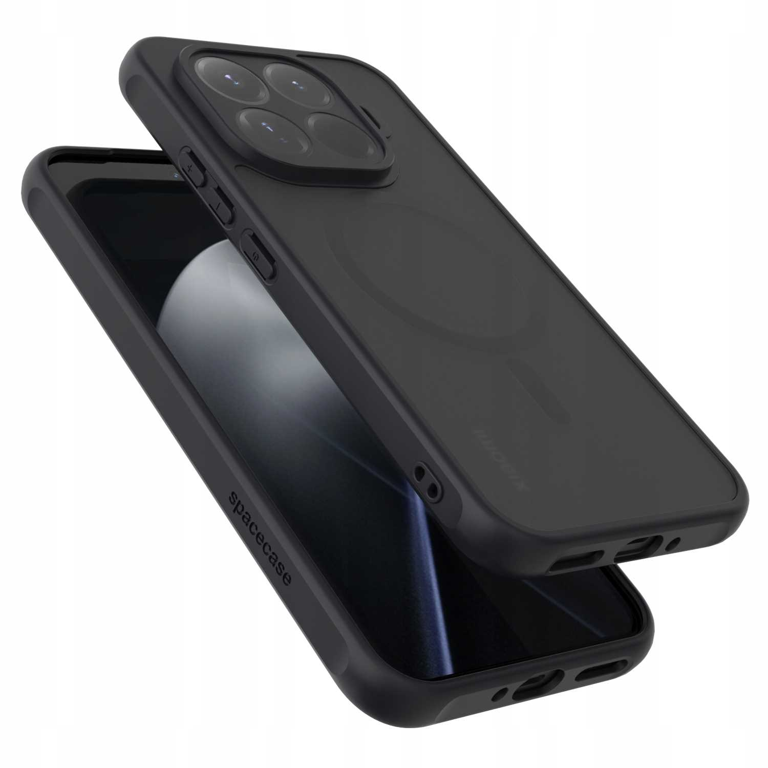 Czarny futerał na telefon, otwarty. Górna część pokazuje obiektywy aparatu. Dolna część odsłania wnętrze telefonu. Widoczne logo Spacecase.