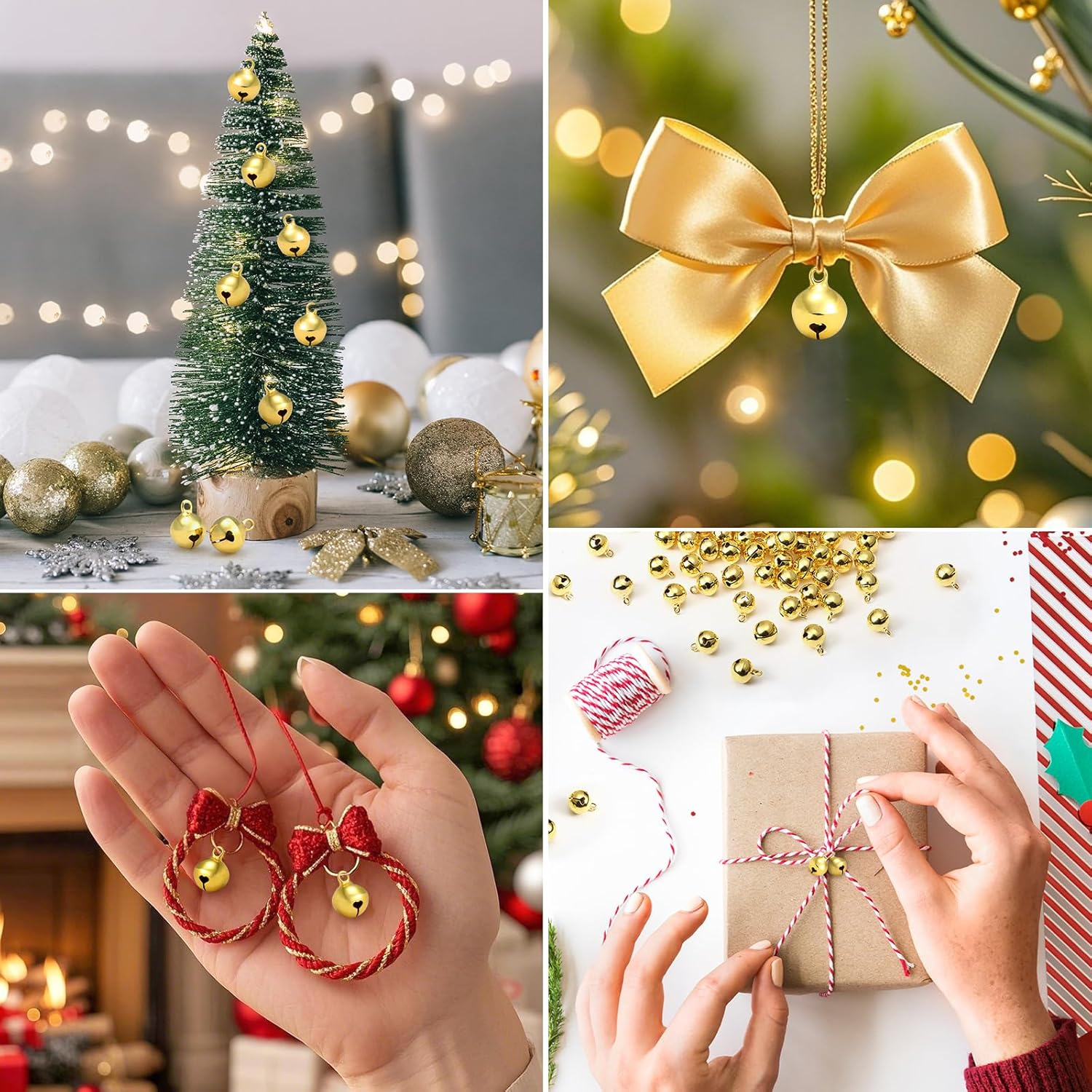 Das Bild zeigt ein Weihnachtsthema mit goldenen Glocken, Ornamenten, einem Baum und Geschenkverpackungen. Hände binden ein Geschenkband.