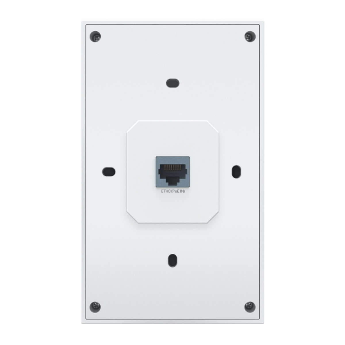 Un dispositivo rectangular blanco con un puerto Ethernet central etiquetado como ETH0 (PoE IN). Se ven cuatro tornillos, uno en cada esquina.