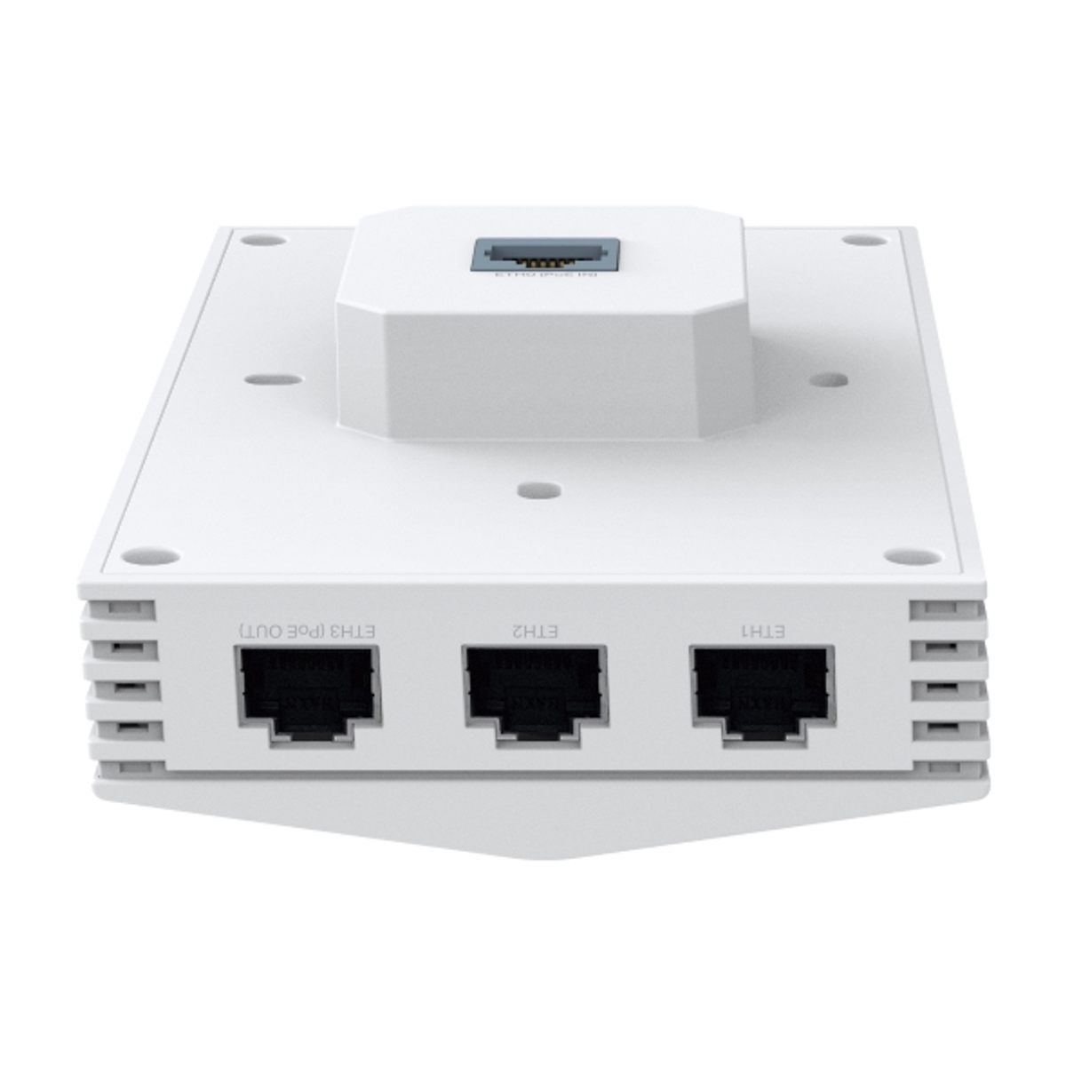 Un dispositivo de red blanco con tres puertos ethernet etiquetados ETH1, ETH2, ETH3 (POE OUT). Tiene una sección central elevada.