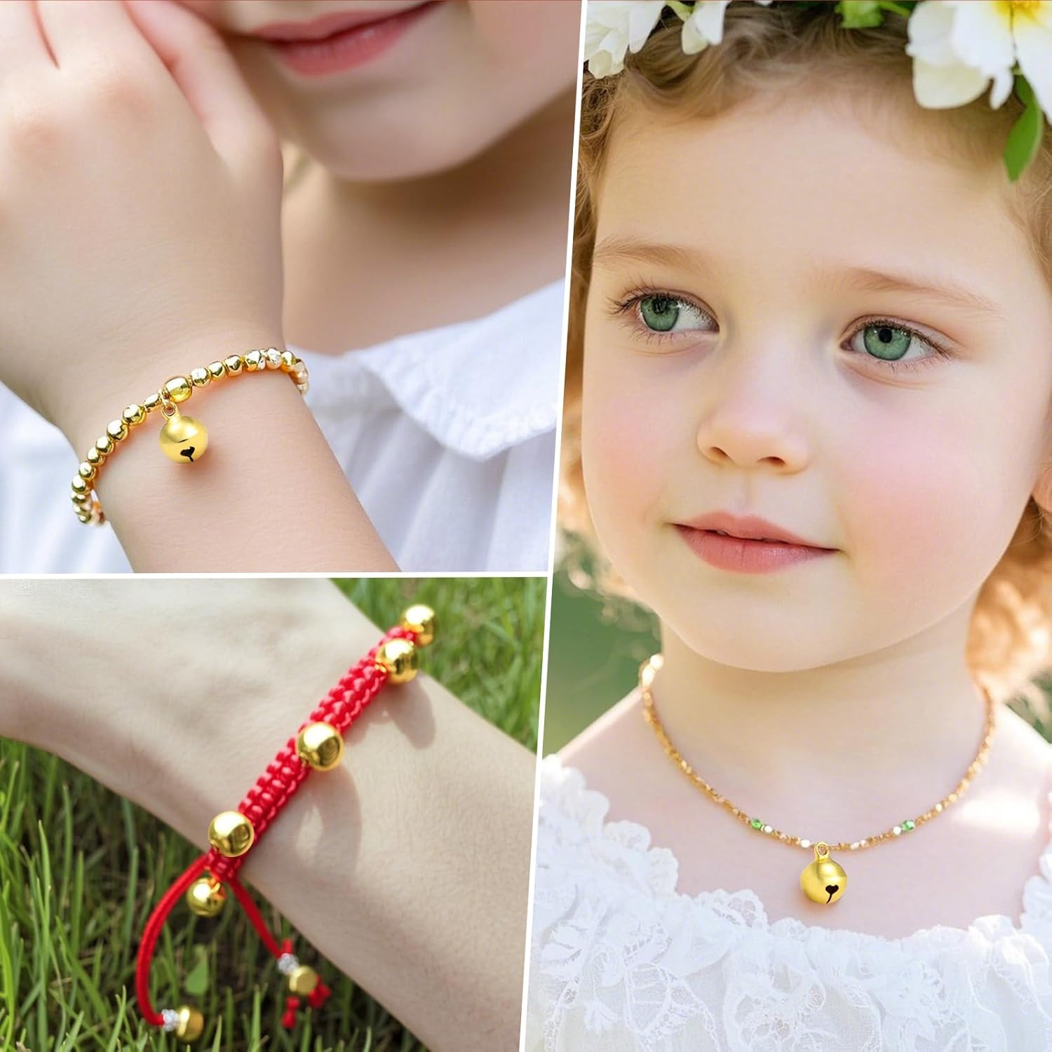 Ein Mädchen mit Blumenkranz und Halskette mit Glockenanhänger. Zwei Armbänder werden ebenfalls gezeigt, eines rot, eines gold.