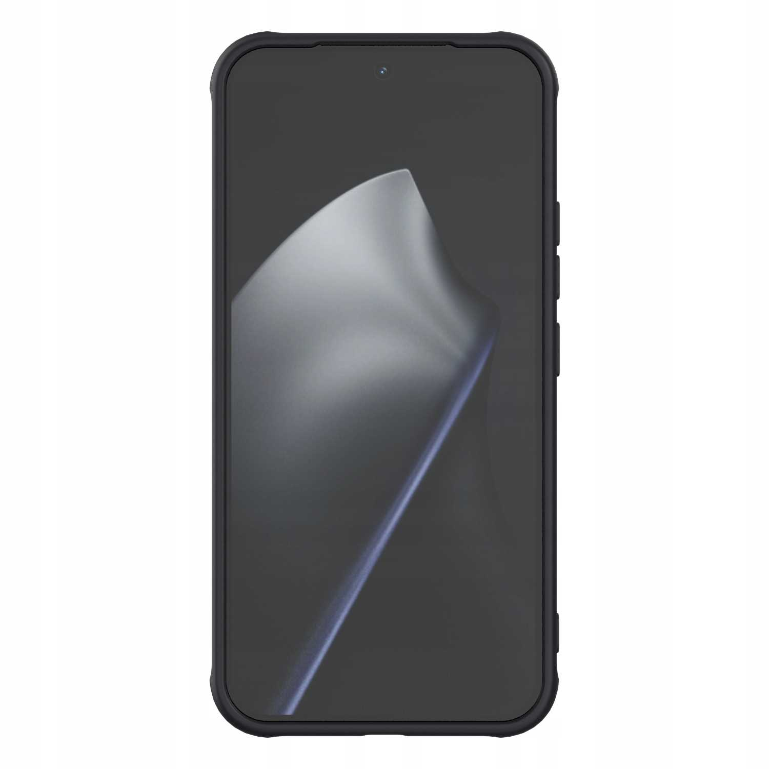 Smartfon w czarnym etui. Ekran wyświetla rozmyty, abstrakcyjny wzór z gradientem jasnym i ciemnym.