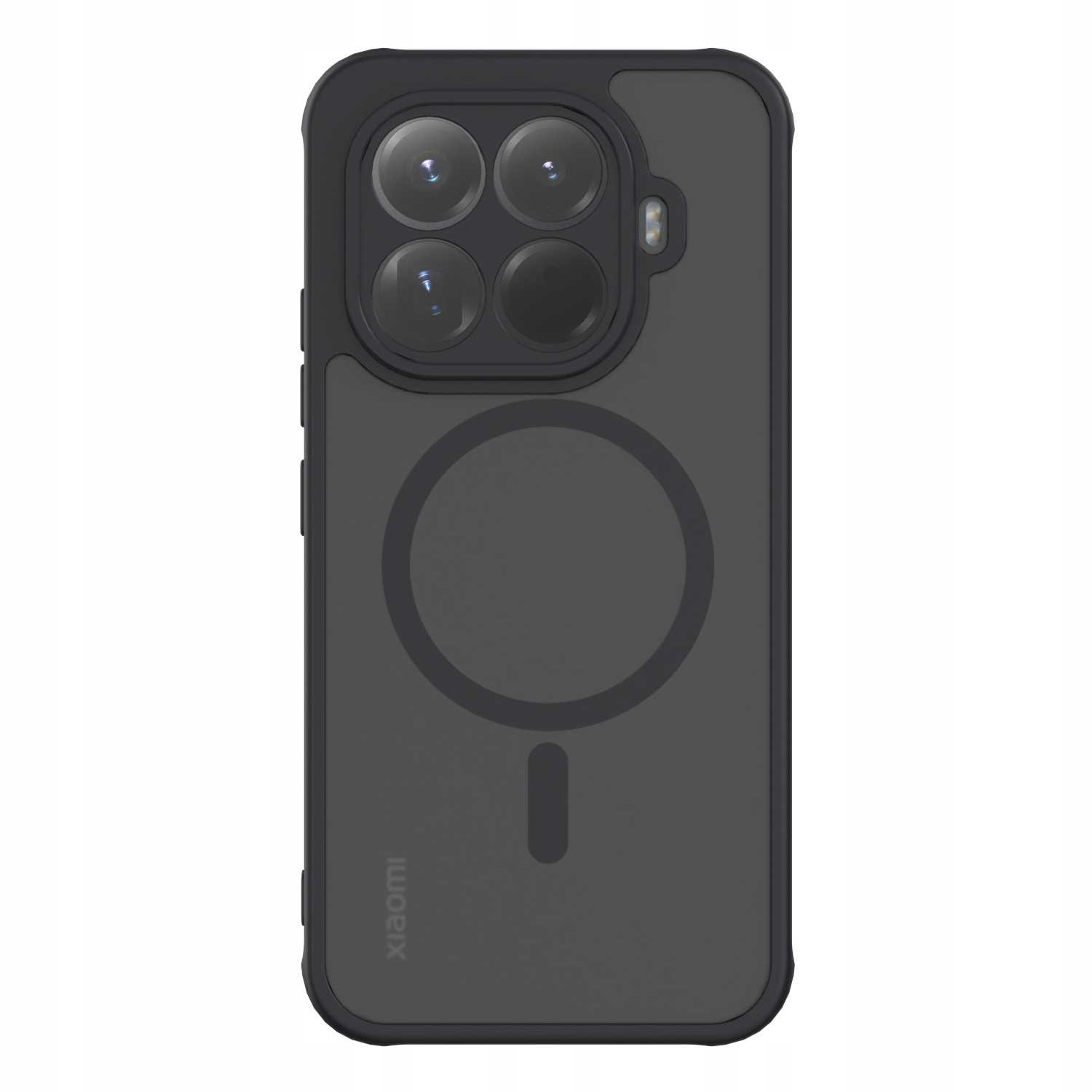 Czarne etui na telefon z przezroczystą sekcją aparatu. Z tyłu ma okrągły wzór i logo Xiaomi.