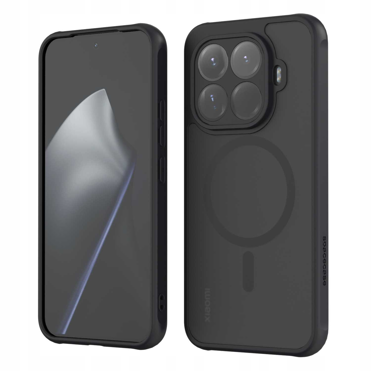 Dwa czarne etui na telefon. Jedno z ekranem, drugie z tyłem z wycięciami na aparat i marką Xiaomi.