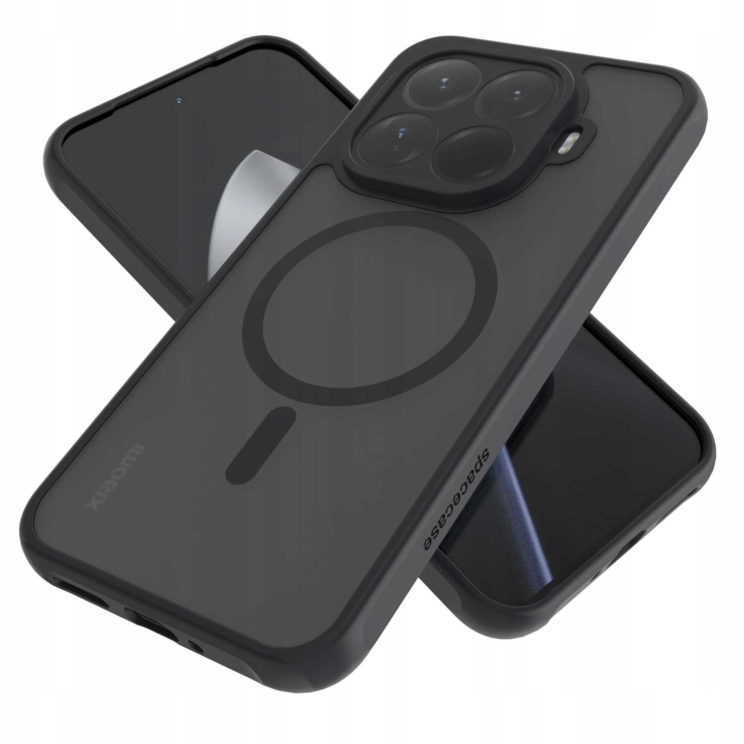 Dwa czarne etui na telefon, jedno na drugim. Górne etui jest przezroczyste z magnetycznym okręgiem. Dolne ma ekran.