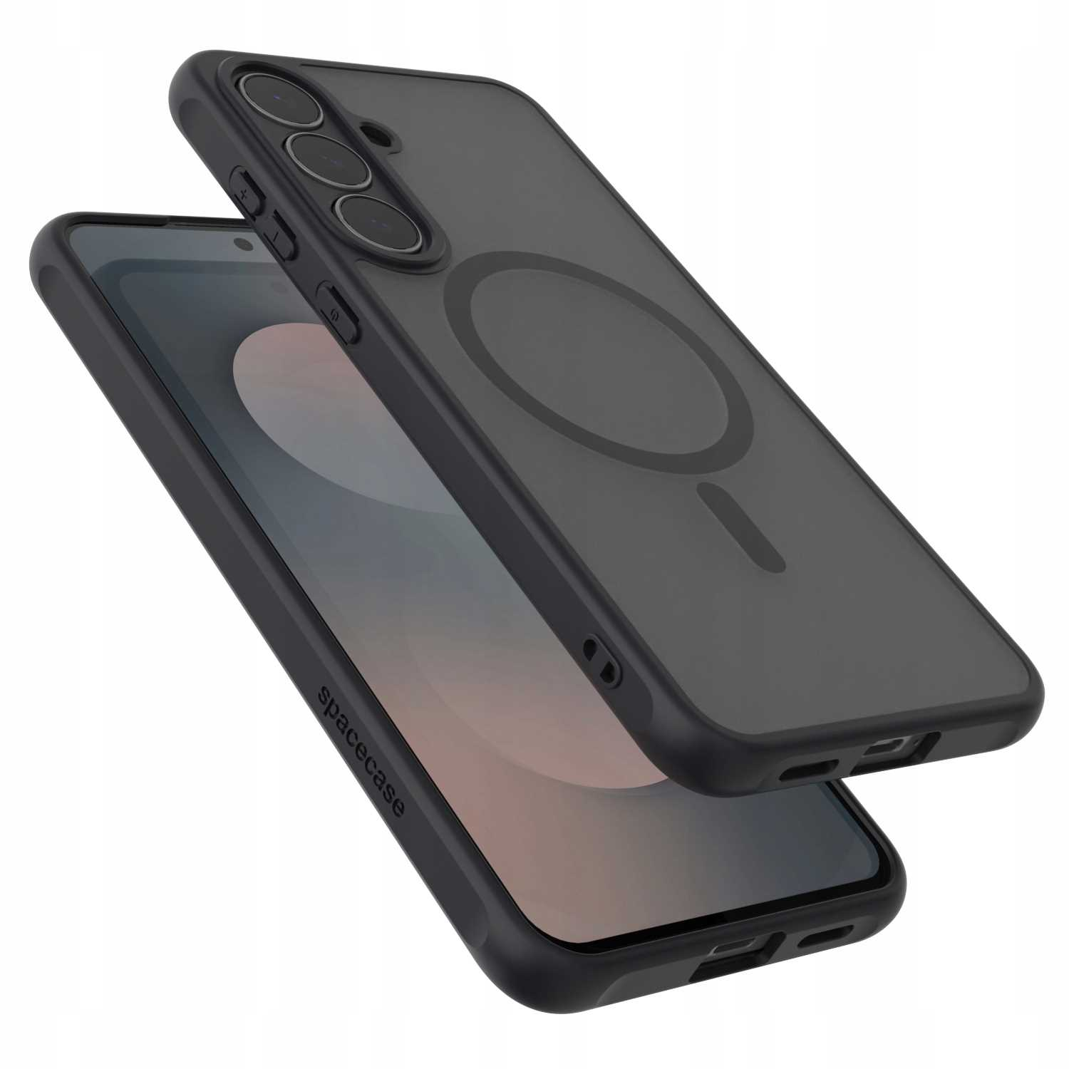 Dwa czarne etui na telefon, jedno na drugim, lekko przesunięte. Górne etui pokazuje wycięcia na aparat i okrągły obszar ładowania.