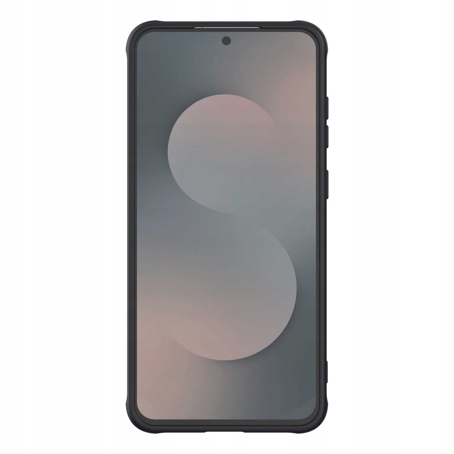 Smartfon z czarnym etui. Ekran wyświetla jasnoszare przejście tonalne z jaśniejszym kształtem pośrodku.