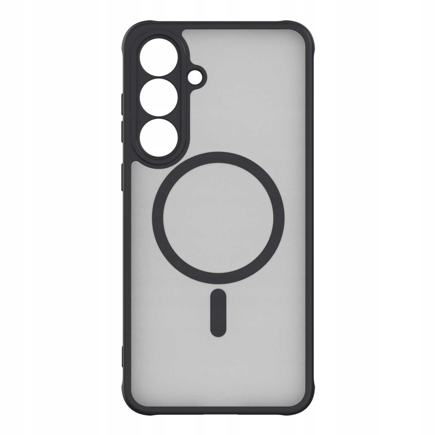 Etui na telefon z czarną ramką i przezroczystym tyłem. Posiada wycięcia na aparat i okrągły design MagSafe.