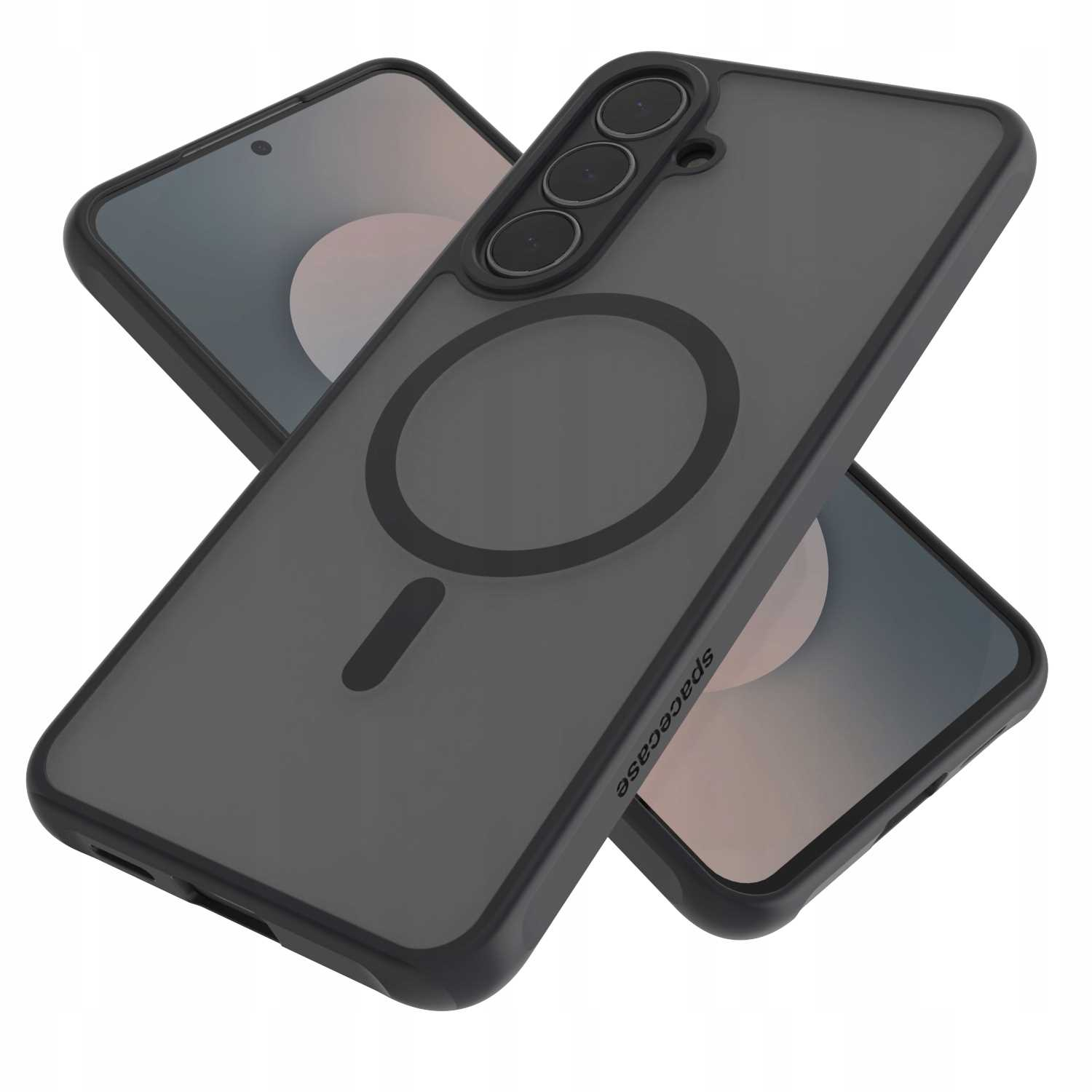 Ciemnoszara obudowa telefonu z okrągłym wzorem, umieszczona na dwóch smartfonach. Na obudowie napis "spacecase".
