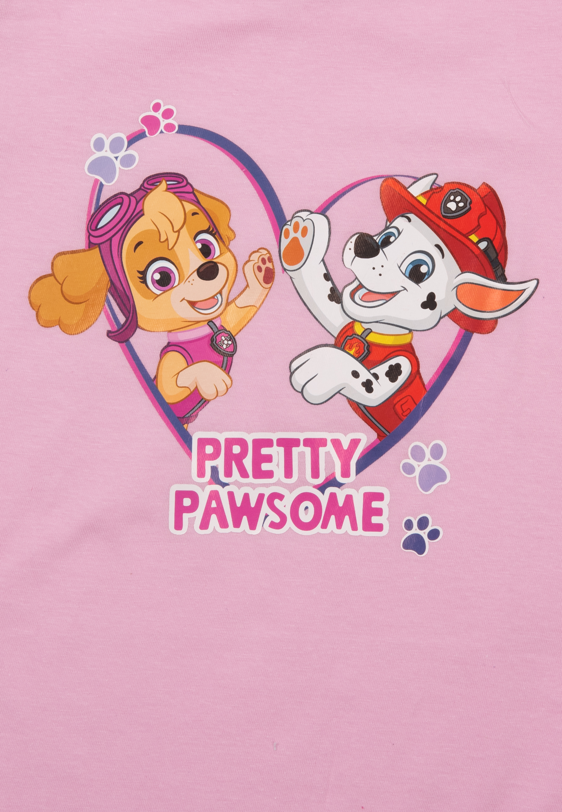 Rosa Shirt mit Paw Patrol Figuren Skye und Marshall, Herzgrafik und Text 'Pretty Pawsome'.