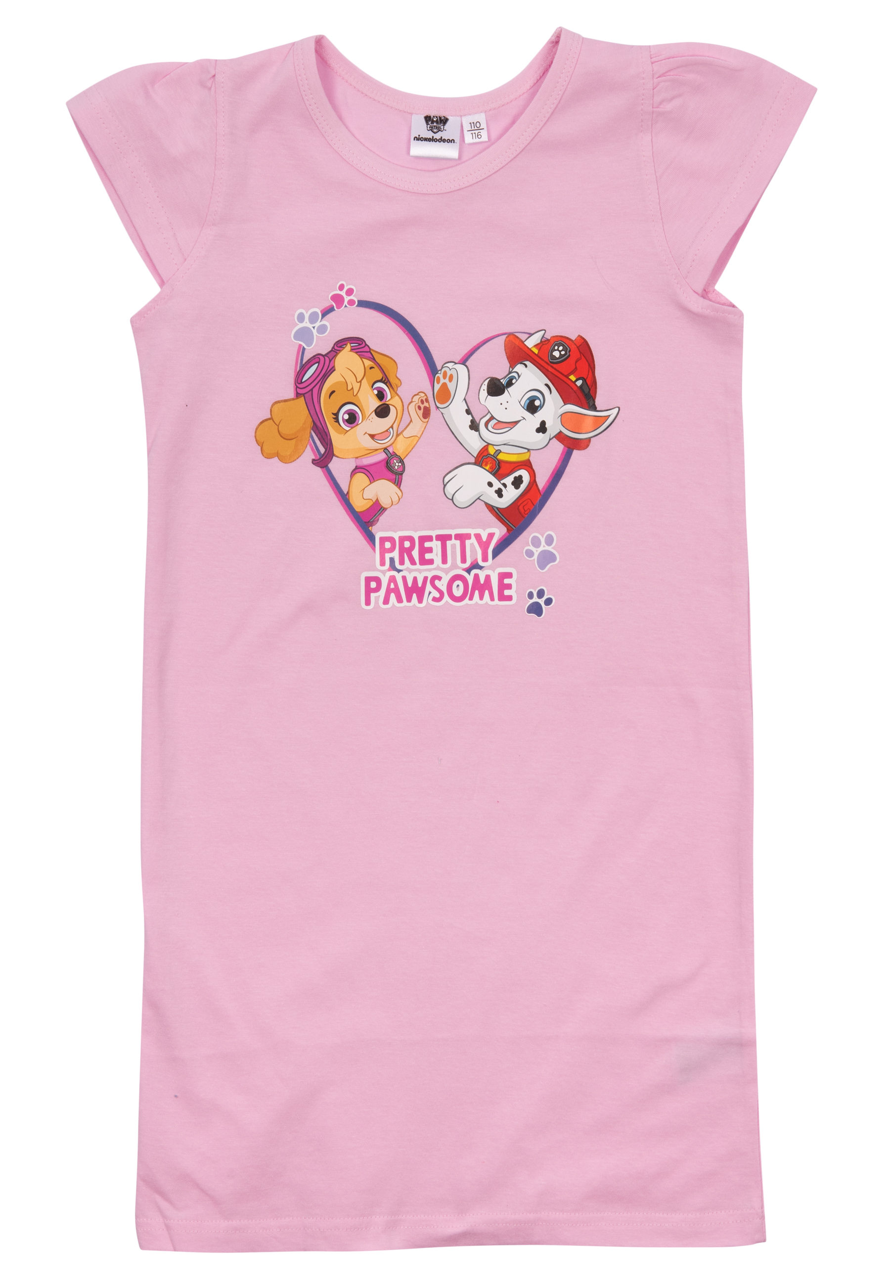 Rosa T-Shirt mit Herzdesign. Es zeigt zwei Zeichentrickhunde und die Worte 'Pretty Pawsome'.