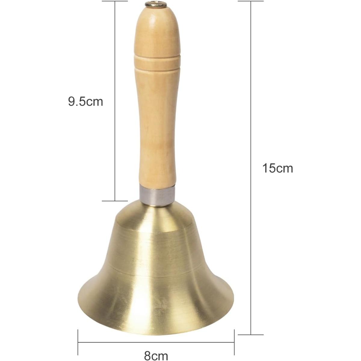 Eine Handglocke mit Holzgriff und Messingglocke. Abmessungen: 15 cm Höhe, 9,5 cm Griff und 8 cm Glockenbreite.